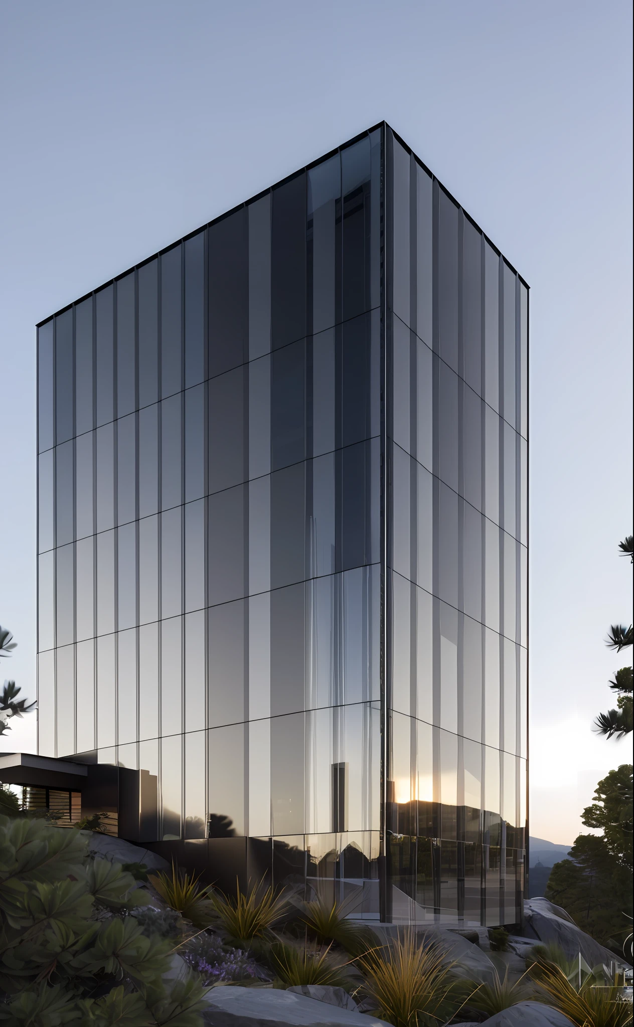 ((masterpiece, best quality)), 8k, modern architecture style, photo realistic, david chipperfield, hyper detailed photo, single box, a digital 3d render of a building,( (glass:1.1):1.1), leansflare, mountain, tall building,