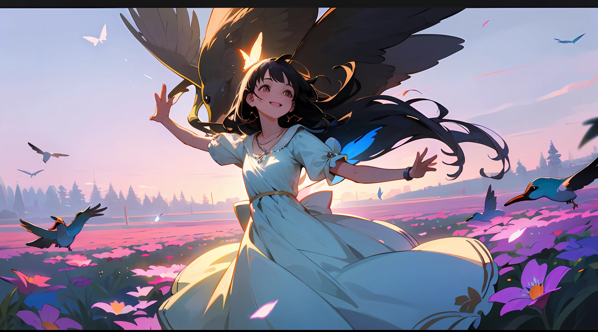 ((SFW)),Masterpiece,(High Quality),(Photoreal))),(Cinematic Direction),(High Contrast),(Depth of Field: 1.2)(Award-winning difference photo),Face details,Detailed drawing,There is a place in the forest where flowers bloom, Girl dancing in a snow-white summer dress in the flower field,Animals are happily jumping around the girl, Colorful little birds and butterflies fly around the girl. The girl is 11 years old, black hair very long hair, summer sky, summer clouds, summer dazzling sunshine, flower garden, girl with open arms, necklace, smile, smile, joyful, girl looking up at the sky, deer, flapping duck, flapping goose, hummingbird, European bulbul, kingfisher, European oruri, butterfly, dazzling halo light, (dazzling glow: .1.4, (glow: 1.3), backlit,