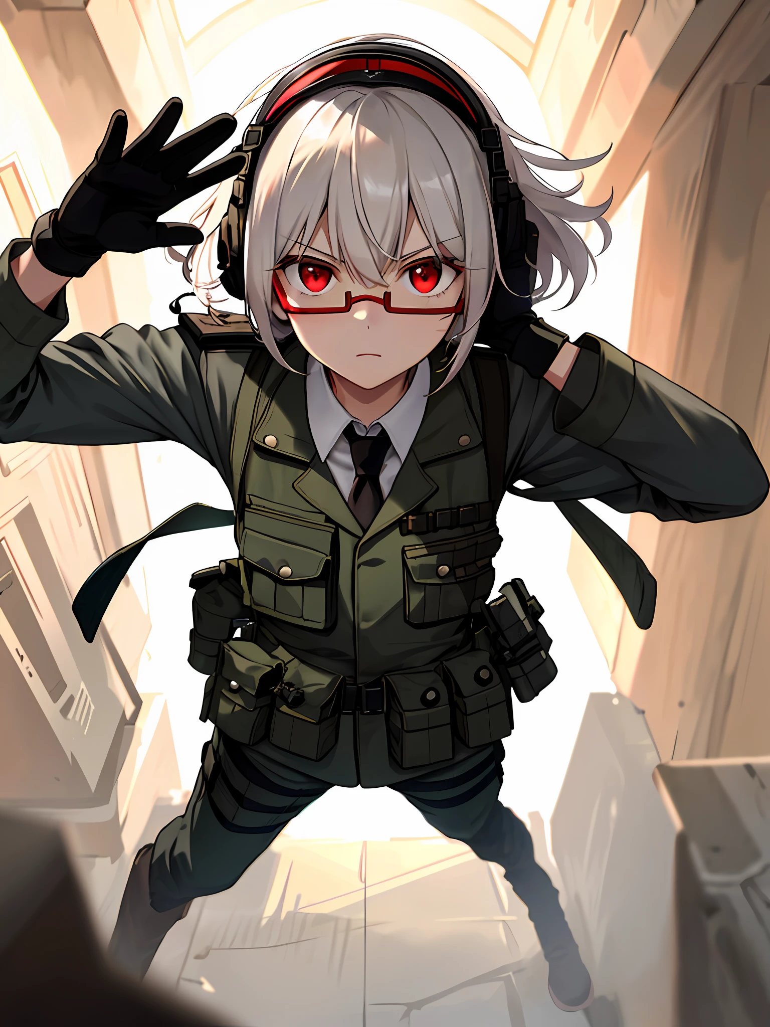masterpiece , a girl, in battlefield, ( lite white short hair:1.2), (red eyes:1.2), (German Millitary Uniform:1.2), (looks at the viewer:1.2) , (8k, best quality 1.2), ultra-detailed, 8k uhd, soft lighting, high quality, film grain, beautiful lighting, cinematic ,perfect body , best illumination, best shadow, sharpness, contrast, red glasses, messy hair, tactical vest, gloves, headset, absurdres high detailed face, serious face, salute