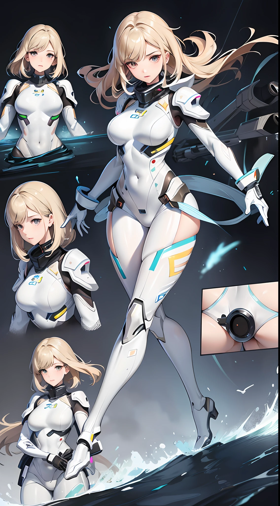 a woman in a futuristic suit with a sword,full-size photograph,Long legs, Slightly chubby,navel,Transparent skin,Perfect body shape,art feminine, Macro distance,mechanized valkyrie girl, ferra white mecha, girl in mecha cyber armor, female mecha, extremely detailed artgerm, echo from overwatch, Clear facial features,gorgeous female paladin,Advanced Rendering,depth of field