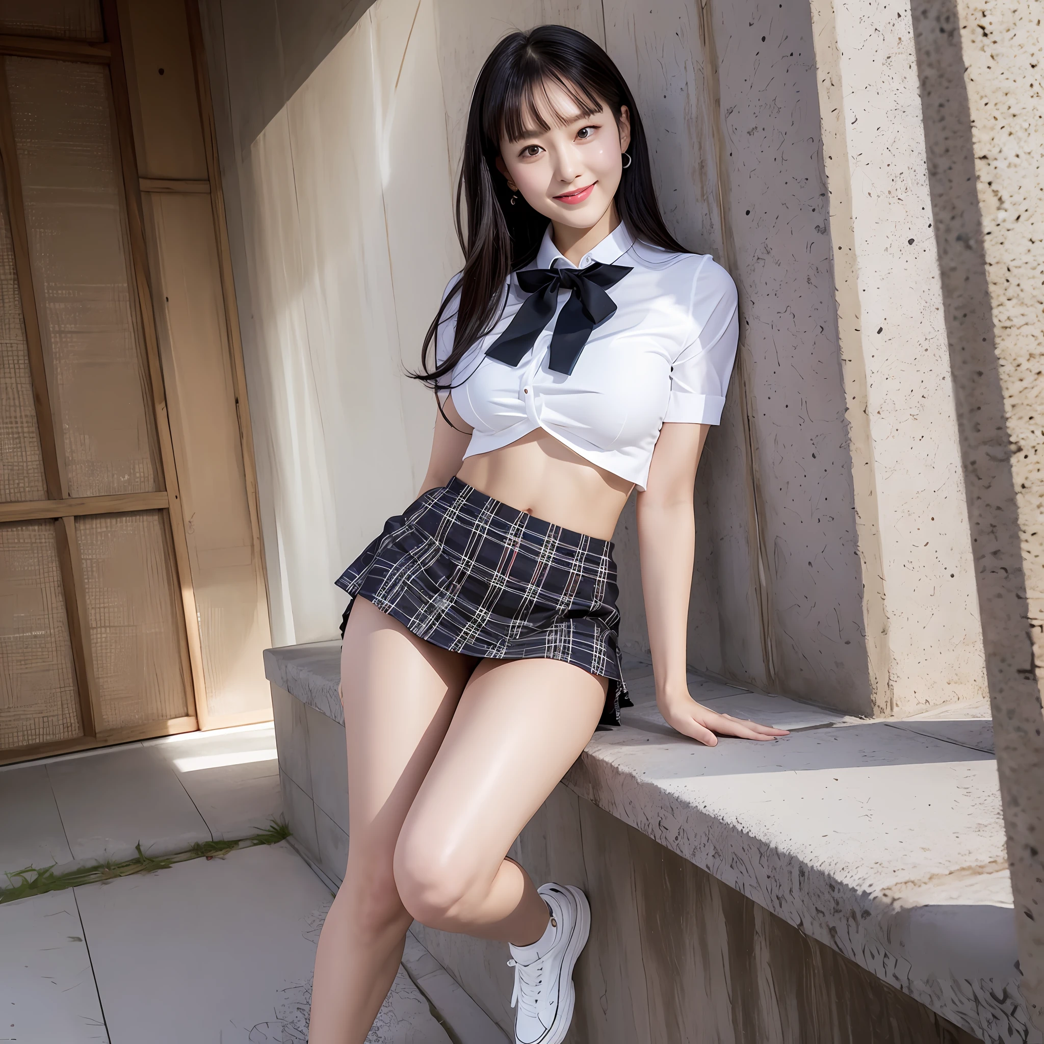 realistic, high resolution, full body, model shoot, pearl skin, Japan beautiful girl, Japan girl, , light smile, big bust, black hair, white short blouse, black tie, show navel, low rise tartan mini skirt, white sneakers, light makeup, smooth skin, smooth hair, --auto --s2