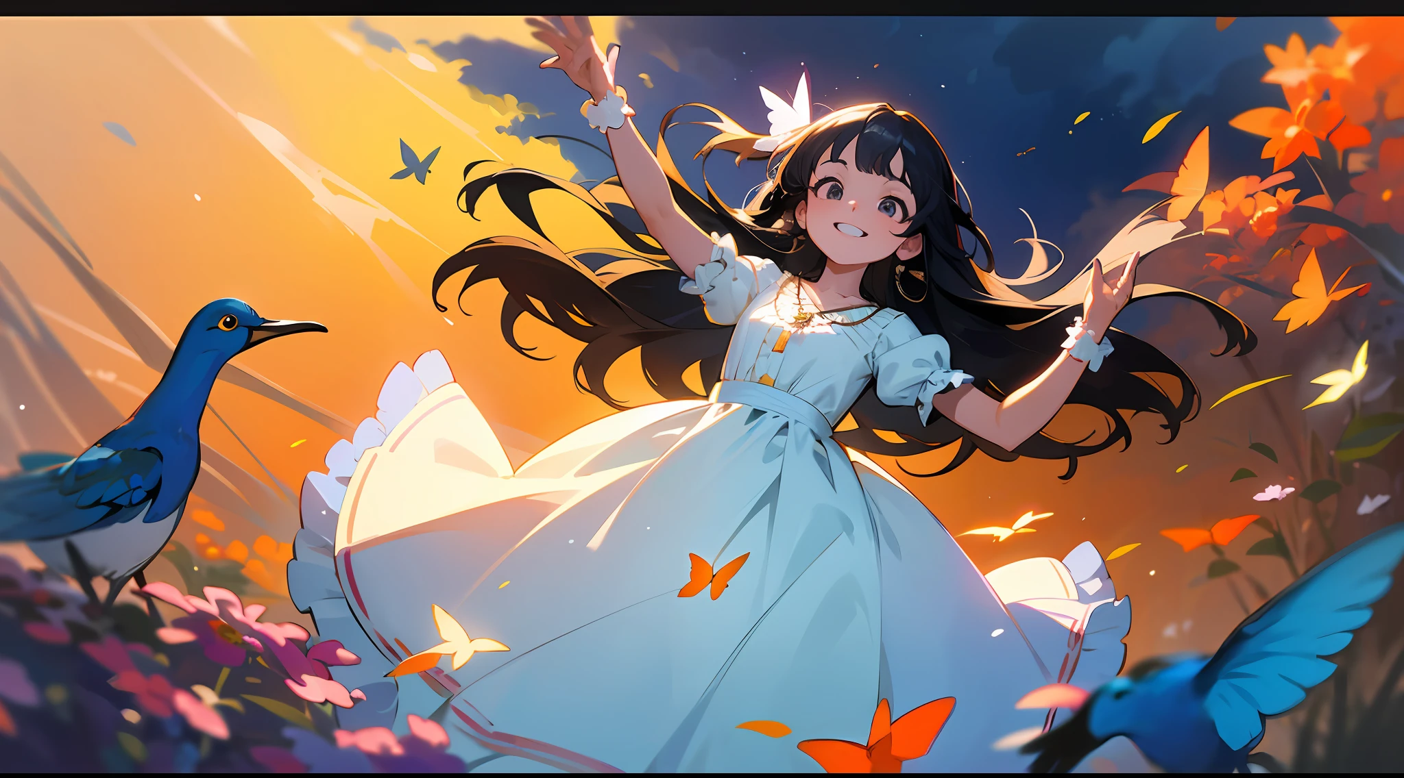 ((SFW)),Masterpiece,(High Quality),(Photoreal))),(Cinematic Direction),(High Contrast),(Depth of Field: 1.2)(Award-winning difference photo),Face details,Detailed drawing,There is a place in the forest where flowers bloom, Girl dancing in a snow-white summer dress in the flower field,Animals are happily jumping around the girl, Colorful little birds and butterflies fly around the girl. The girl is 11 years old, black hair very long hair, summer sky, summer clouds, summer dazzling sunshine, flower garden, girl with open arms, necklace, smile, smile, joyful, girl looking up at the sky, deer, flapping duck, flapping goose, hummingbird, European bulbul, kingfisher, European oruri, butterfly, dazzling halo light, (dazzling glow: .1.4, (glow: 1.3), backlit,
