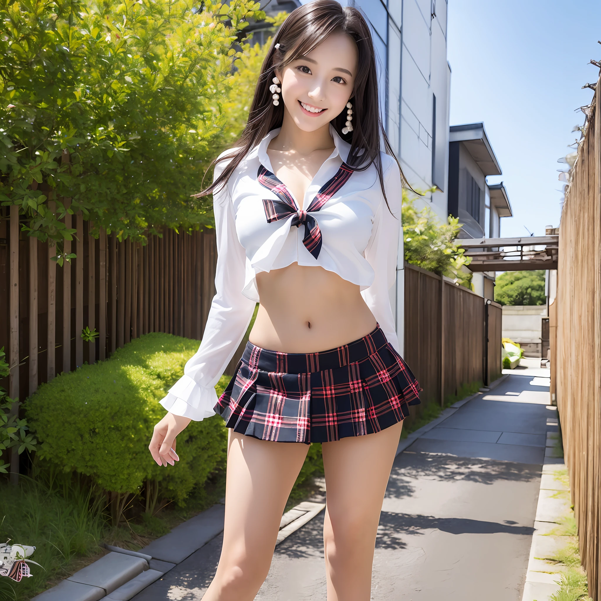 realistic, high resolution, full body, model shoot, pearl skin, Japan beautiful girl, Japan girl, 16 years old, light smile, big bust, black hair, white short blouse, black tie, show navel, low rise tartan mini skirt, white sneakers, light makeup, smooth skin, smooth hair, --auto --s2