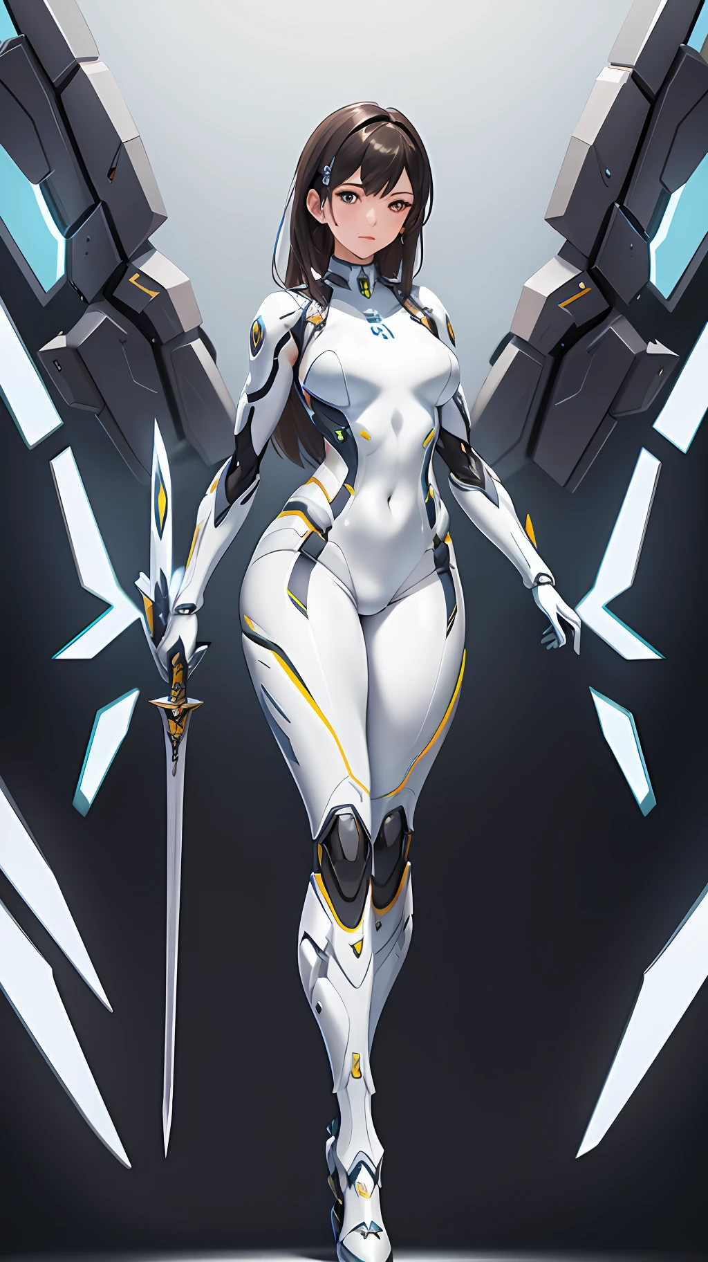 a woman in a futuristic suit with a sword,full-size photograph,Long legs, Slightly chubby,navel,Transparent skin,Perfect body shape,art feminine, Macro distance,mechanized valkyrie girl, ferra white mecha, girl in mecha cyber armor, female mecha, extremely detailed artgerm, echo from overwatch, Clear facial features,gorgeous female paladin,Advanced Rendering,depth of field