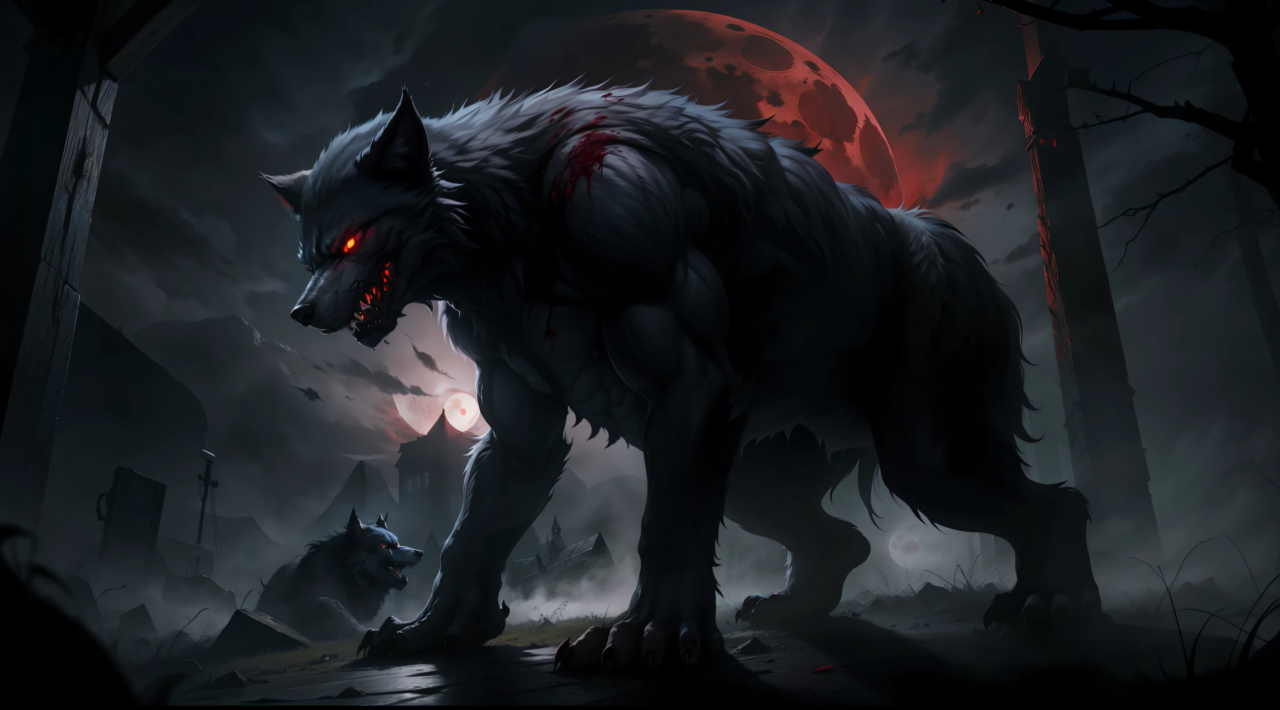 A monstrous deformed werewolf, night, dark environment, darkness, fog, blood, red moon