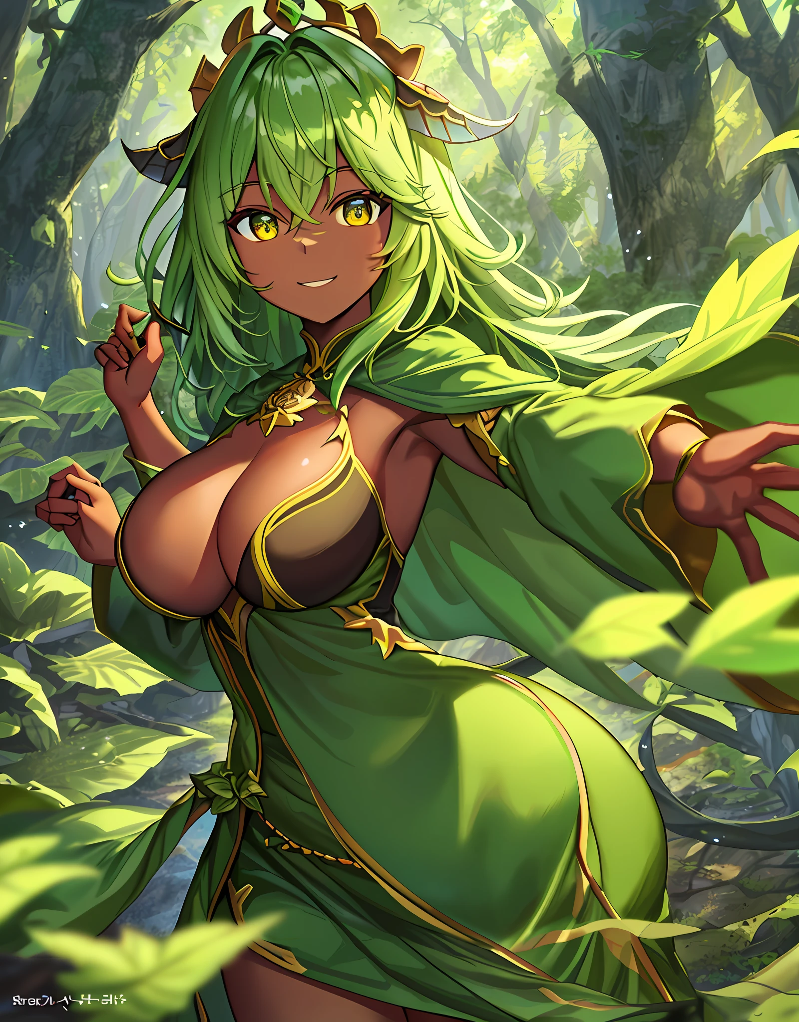 ファンタジー, 1forest_elemental_girl, dynamic_pose_fighting, (using_leaves_clothes, green_leaves_covered_breasts, leaves_covered_pussy)+++,big_tits,dynamic_pose_standing, light_smile, 眠い, medium_hair, へそ,(dark_skin)+, オイル, (winding_vine_around_torso)++, (ふっくらと)+,森, trees_background, leaves_headgear, green_leaves_cape, hold_large_long_staff, large_thighs, large_ass, solo,