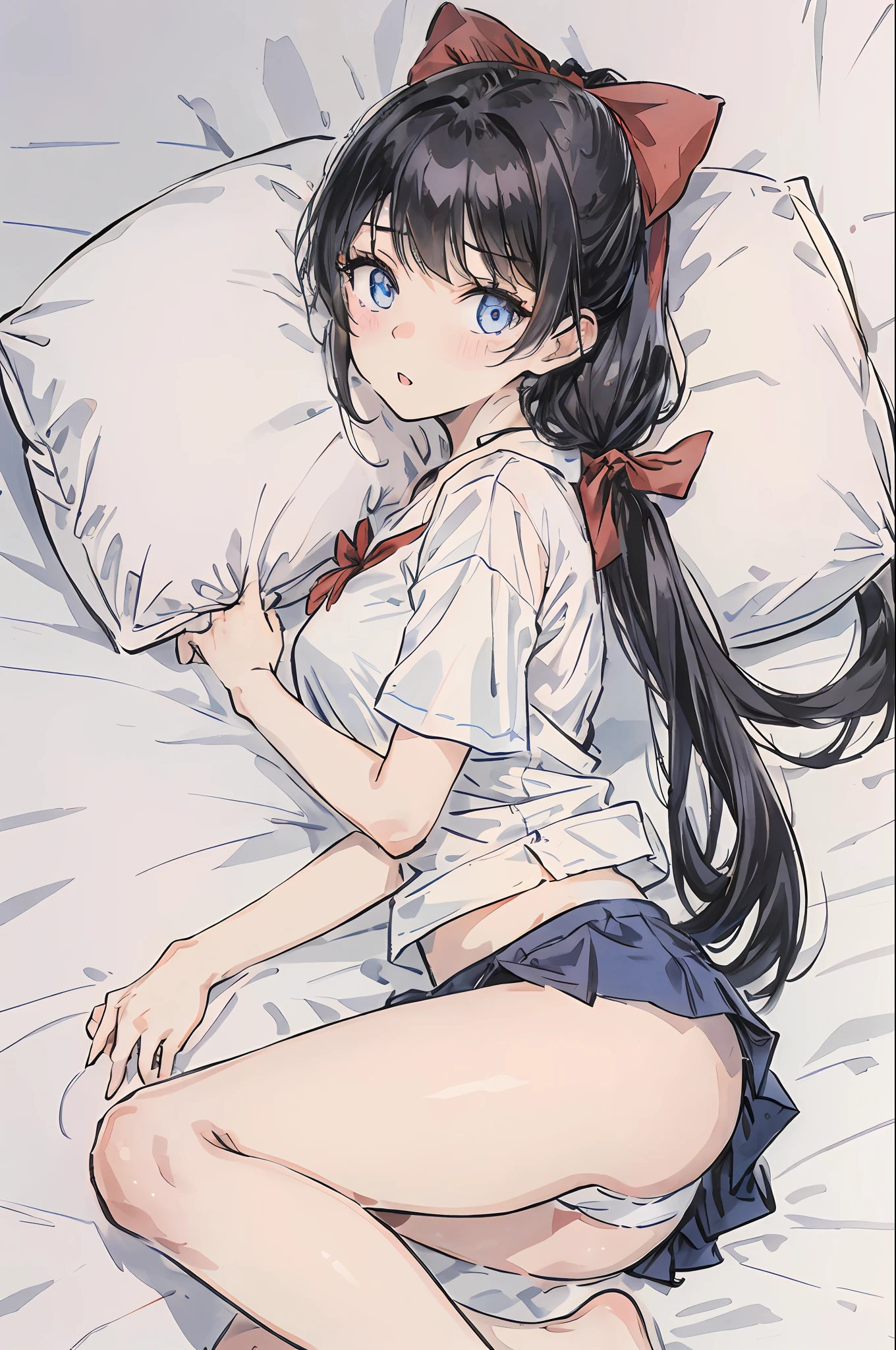 a manga girl laying on a bed with black hair on her head, 1girl, underwear, panties, shirt, black hair, white shirt, blue eyes, skirt, solo, twintails, long hair, pillow, white panties, bow, parted lips, blush, blue skirt, short sleeves, lying, red bow, looking at viewer, barefoot, , ribbon, on back