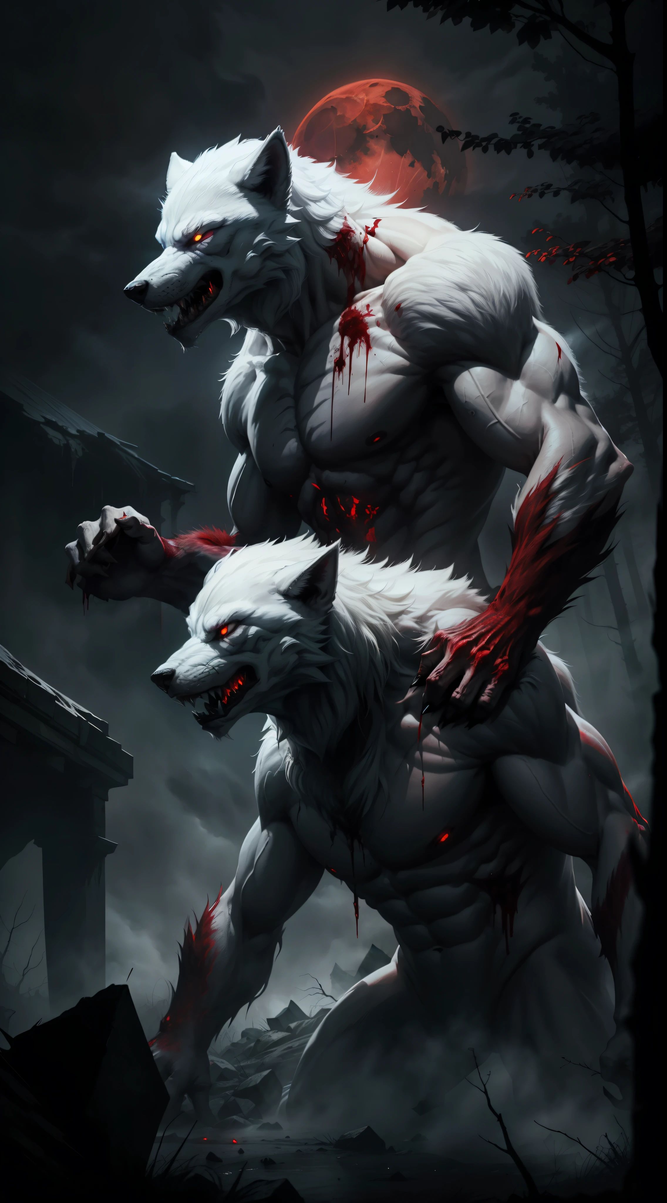 A monstrous deformed white werewolf, night, dark environment, darkness, fog, blood, red moon