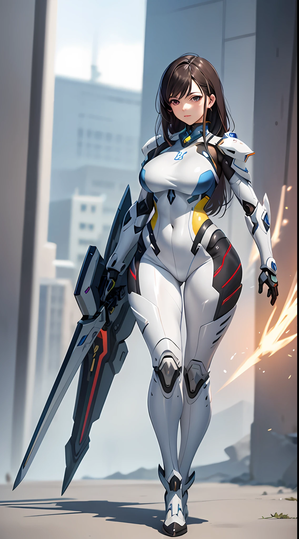 a woman in a futuristic suit with a sword,full-size photograph,Long legs, Slightly chubby,navel,Transparent skin,Perfect body shape,art feminine, Macro distance,mechanized valkyrie girl, ferra white mecha, girl in mecha cyber armor, female mecha, extremely detailed artgerm, echo from overwatch, Clear facial features,gorgeous female paladin,Advanced Rendering,depth of field
