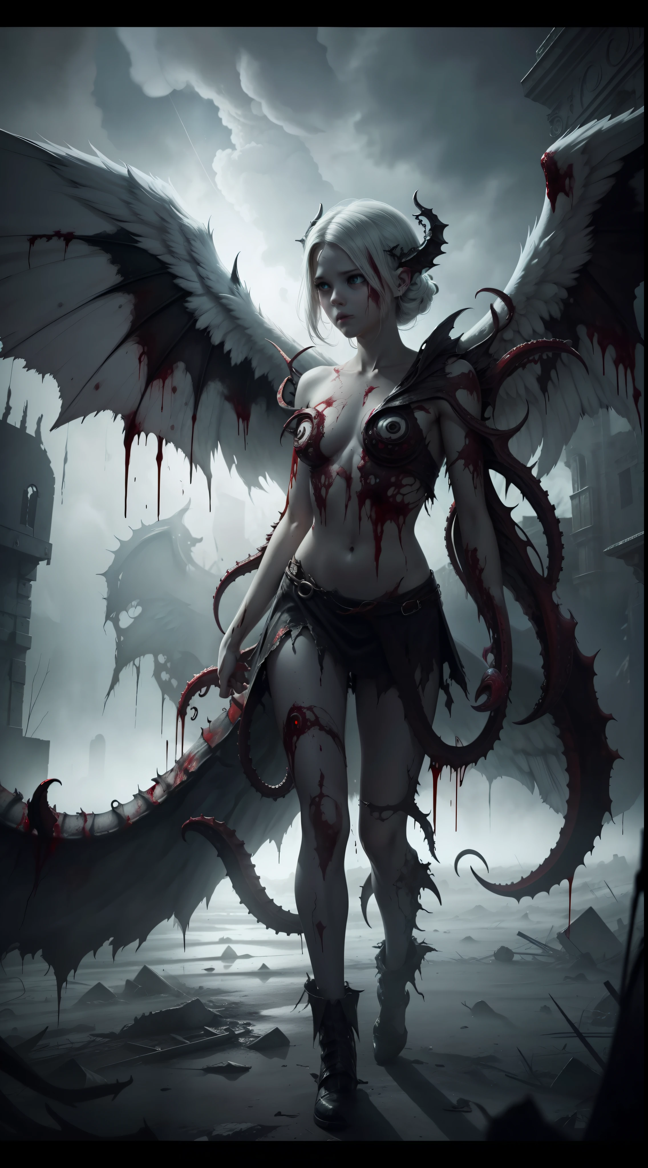 A monstrous white deformed angel with disgusting tentacles and torn wings, night, dark environment, darkness, fog, covered in blood