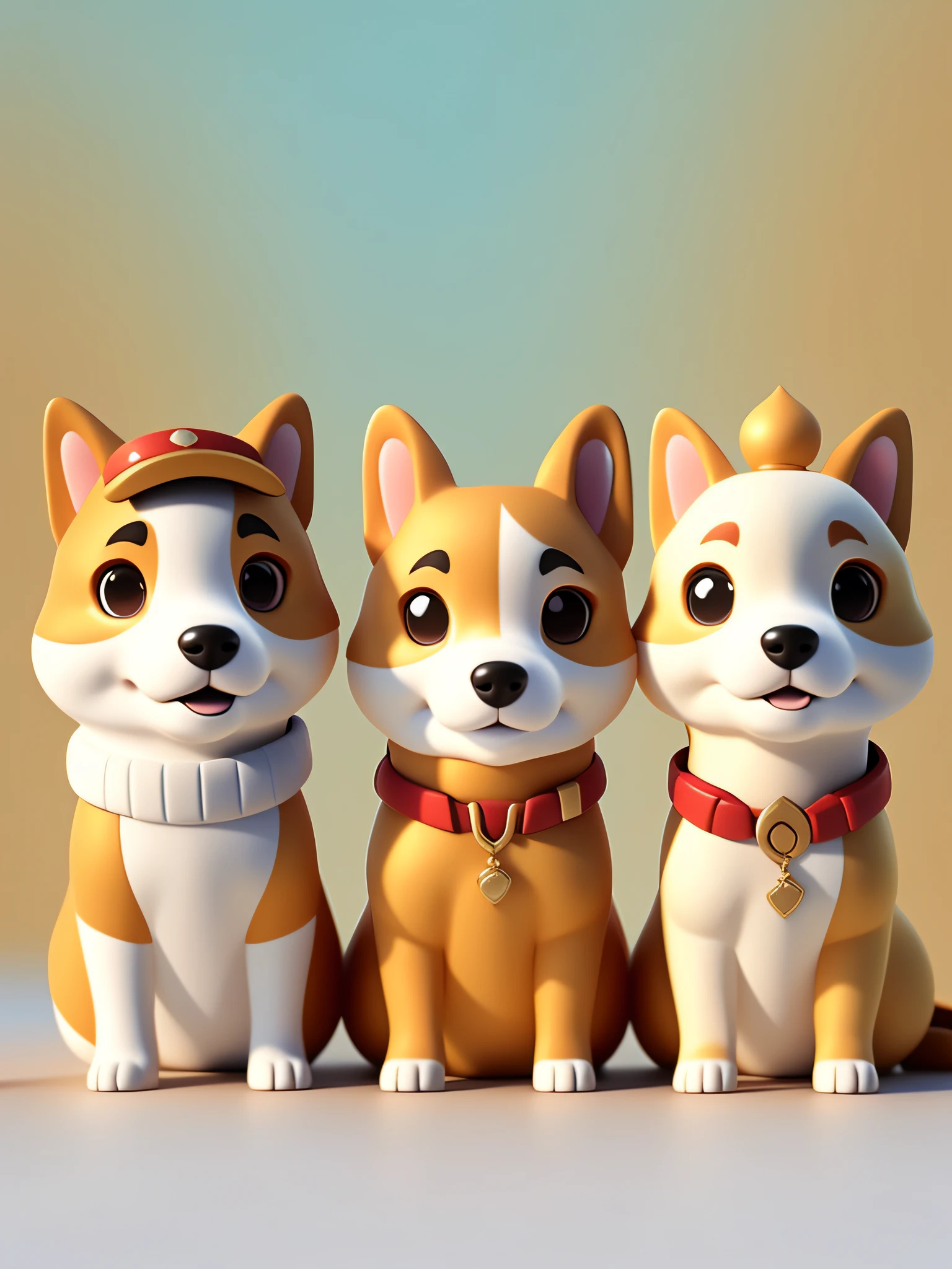 On the eaves, There are three dog heads sticking out of their heads, A breed of three dog heads, Huskies, Golden Retriever and Corgi, respectively, solid color, first-person view, Pixar, Minimalism, Q style , UHD, high details, masterpiece, best quality, highres