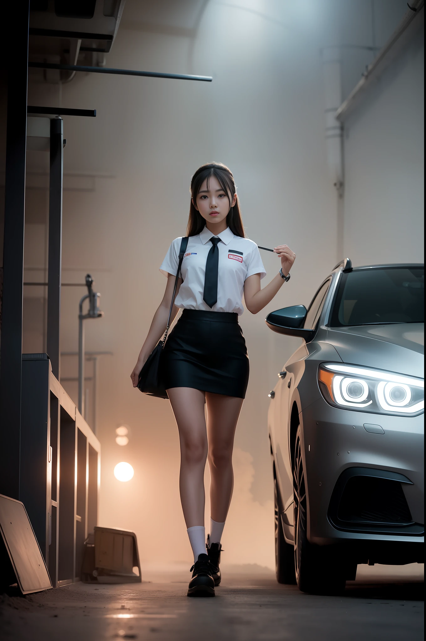 girls working in a factory, uniform, surrounded by mist and dust, dark, little lighting, 1girls, {{{{wide_shot}}}}, {{18 years old beautiful girls}}, {{kpop idols}}, korean mixed), illustration, digital art, beautiful Korean, delicate features, including large, alm, best quality, {{{dynamic pose}}}, {{{car factory}}}, {{{complex background}}}