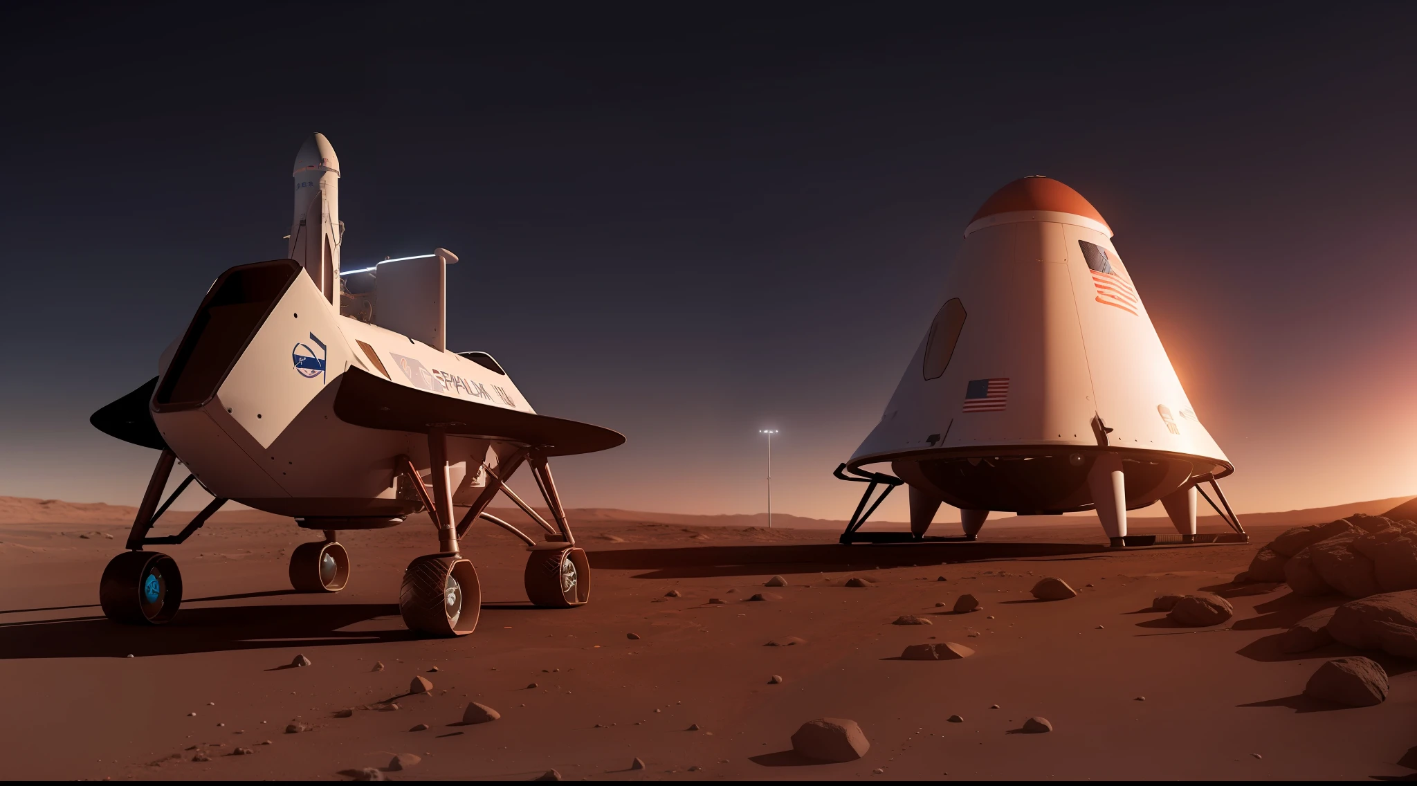 50mm photograph of SpaceX spacecraft, designed by Spacex, landing on Mars Realistic Nightscape, Neon, Cyberpunk, UHD, 8K, Unreal Render 5