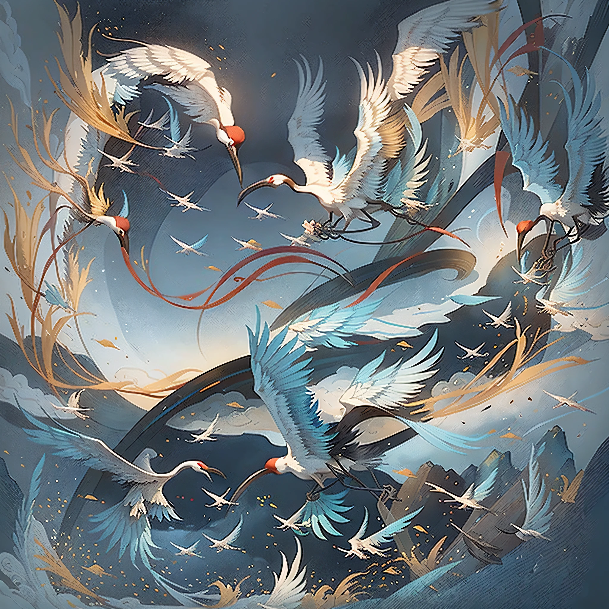 A few cranes, sky sunset, ancient painting, cyan, Chinese painting texture, a few cranes hovering in the sky --auto --s2