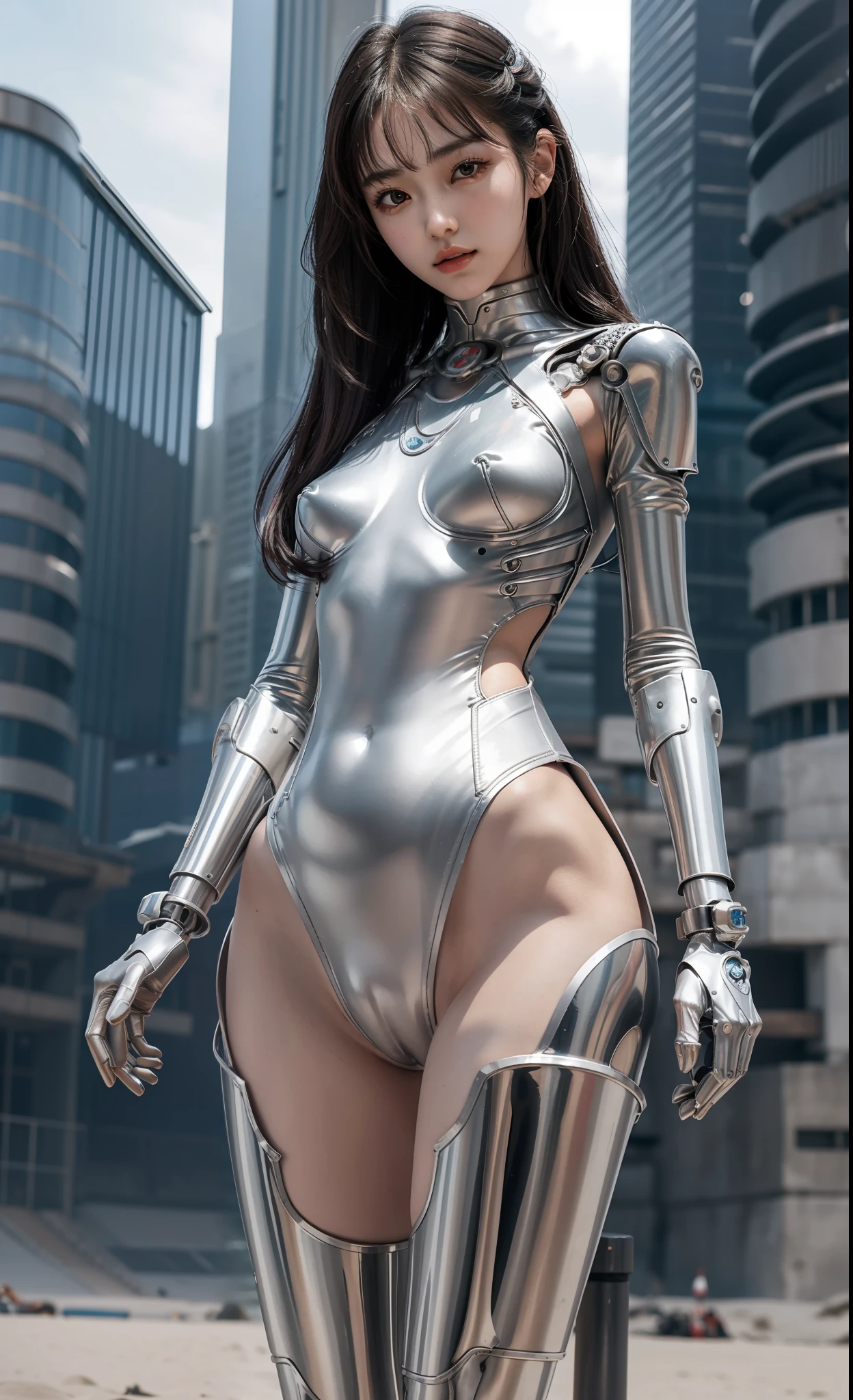 Best quality, delicate face, 20-year-old kpop idol girl, silver cyborg body, metal body, (small breasts:1.07), metal structural skeleton, mechanical joint, bangs, seaside, standing posture, beach, (puffyareolas), (camel toe, cameltoe, vulvashaped:1.2), cyberpunk, sci-fi,