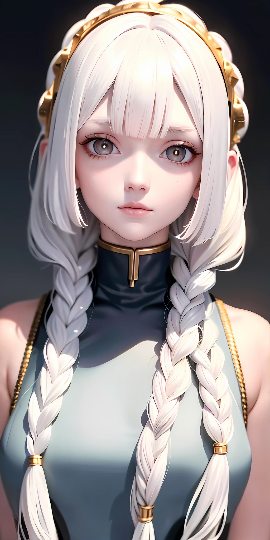 best quality, masterpiece,white hair, gold eyes,white clothes, looking up, upper body,hair strand,Fair skin,side braids