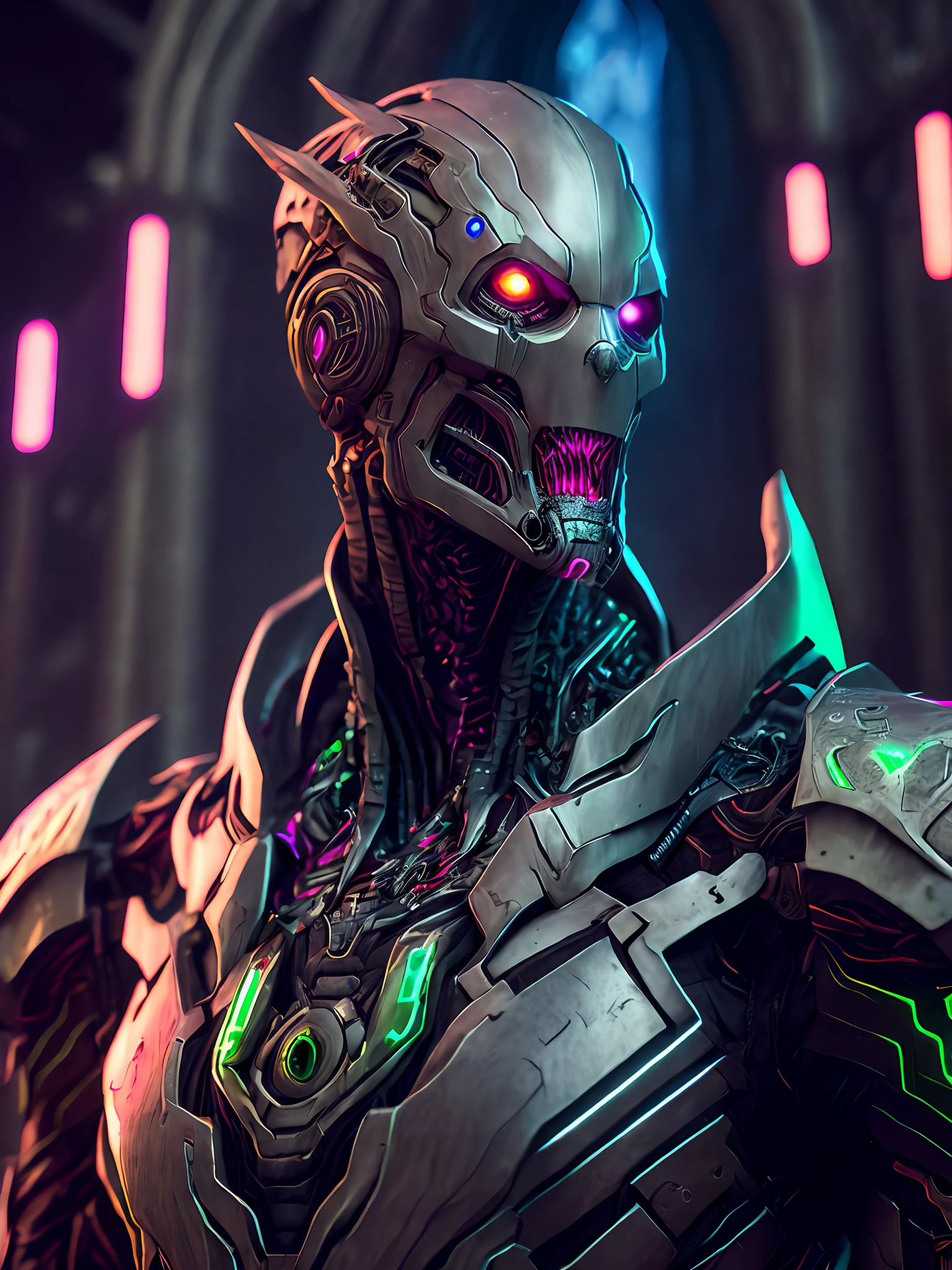 Portrait, Zombie Ultron from Marvel, biomechanical, complex robot, full growth, hyper-realistic, insane small details, extremely clean lines, cyberpunk aesthetic, masterpiece featured on Zbrush Central, gothic brutalist cathedral, cyberpunk, award-winning photo, bokeh, neon lights, cybernetic limb