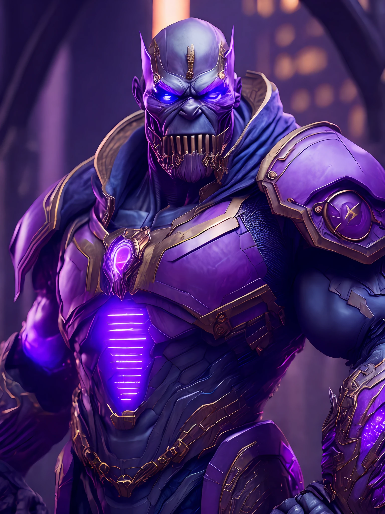 Portrait, Zombie Thanos from Marvel, biomechanical, complex robot, full growth, hyper-realistic, insane small details, extremely clean lines, cyberpunk aesthetic, masterpiece unveiled at Zbrush Central, gothic brutalist cathedral, cyberpunk, award-winning photo, bokeh, neon lights, cybernetic limb