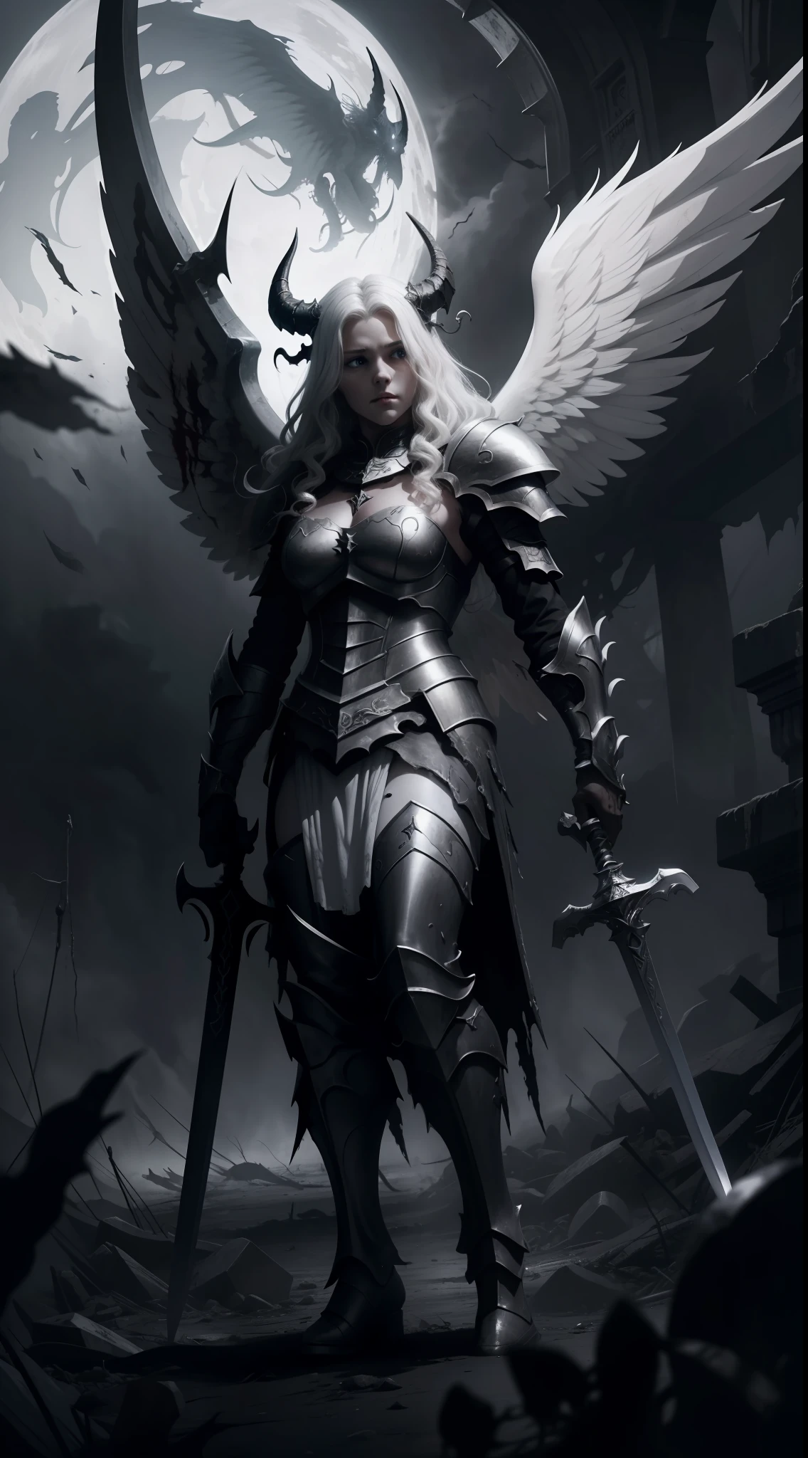 A monstrous deformed white angel with disgusting tentacles and 6 torn wings, covered in blood, black and white armor, sword, long curved horns, dark and huge hair, night, dark environment, darkness, fog