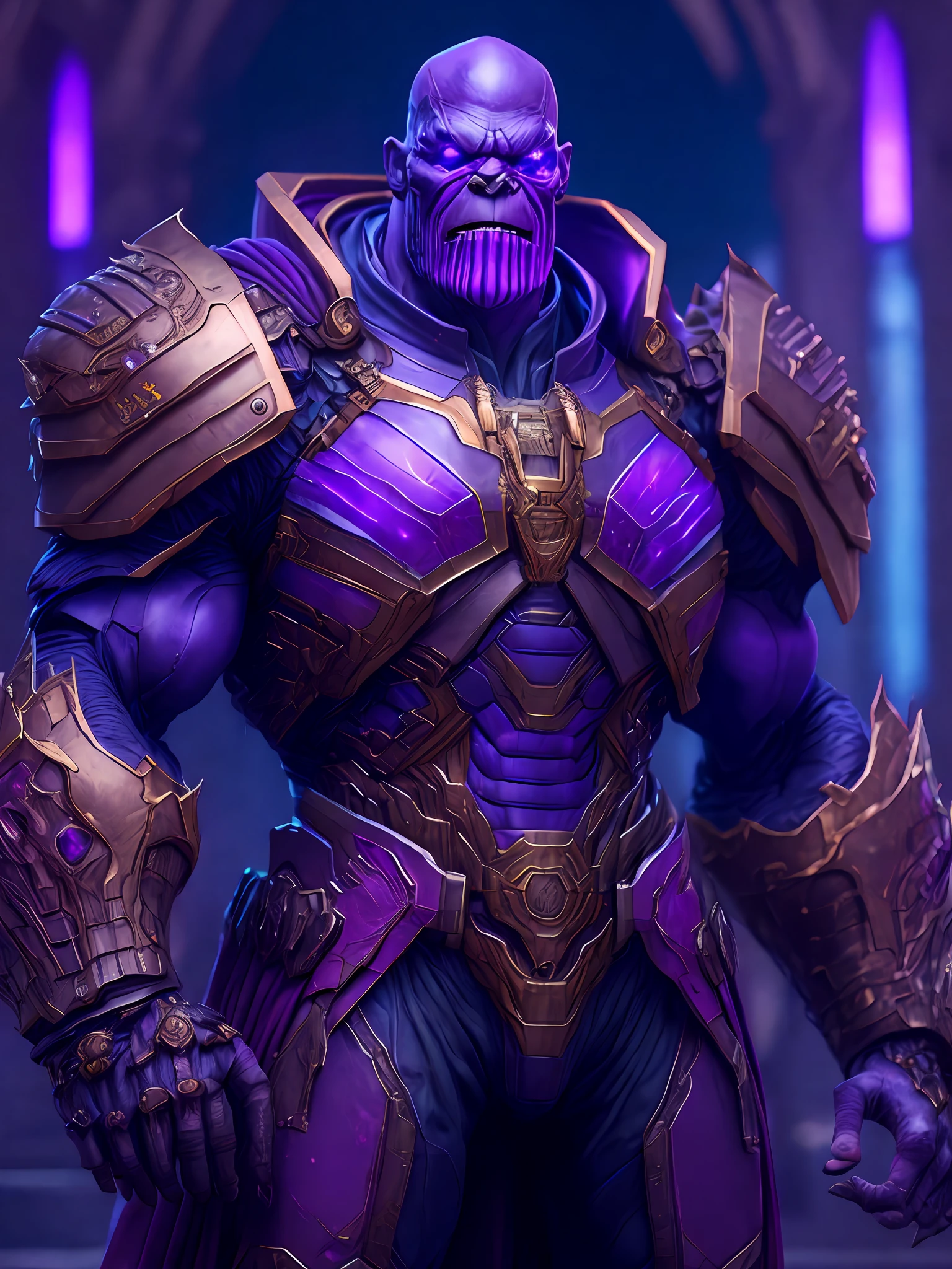 Portrait, Zombie Thanos from Marvel, biomechanical, complex robot, full growth, hyper-realistic, insane small details, extremely clean lines, cyberpunk aesthetic, masterpiece unveiled at Zbrush Central, gothic brutalist cathedral, cyberpunk, award-winning photo, bokeh, neon lights, cybernetic limb