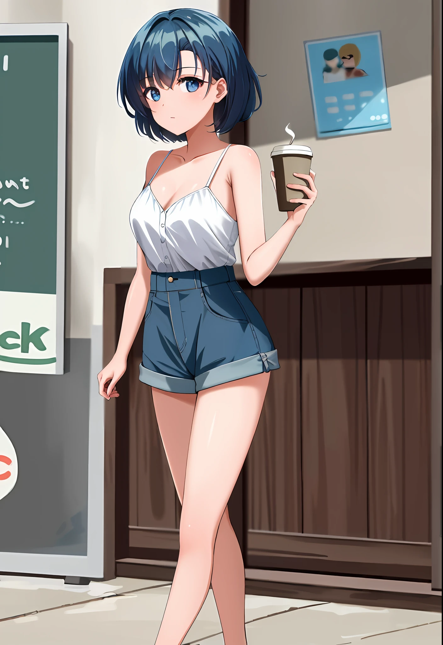 (8k, best quality, masterpiece:1.2),(best quality:1.0),ultra highres:1.0, extremely detailed, render, 4k, absurdres, HDR,
a young girl holding coffee in coffee shop, outdoor, mer1, short hair, blue hair, sleveless shirt, hot pants