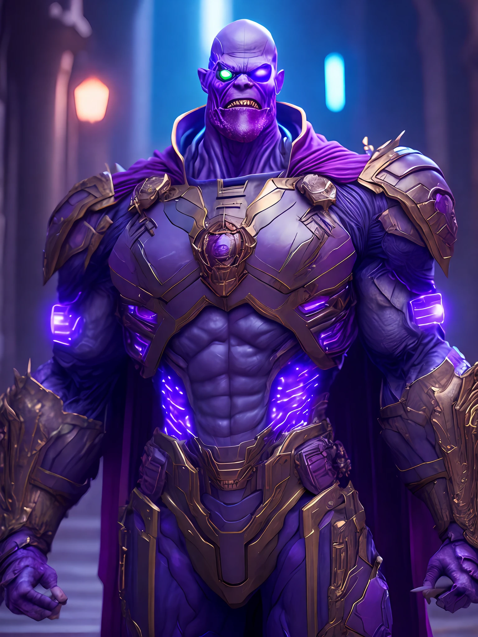 Portrait, Zombie Thanos from Marvel, biomechanical, complex robot, full growth, hyper-realistic, insane small details, extremely clean lines, cyberpunk aesthetic, masterpiece unveiled at Zbrush Central, gothic brutalist cathedral, cyberpunk, award-winning photo, bokeh, neon lights, cybernetic limb