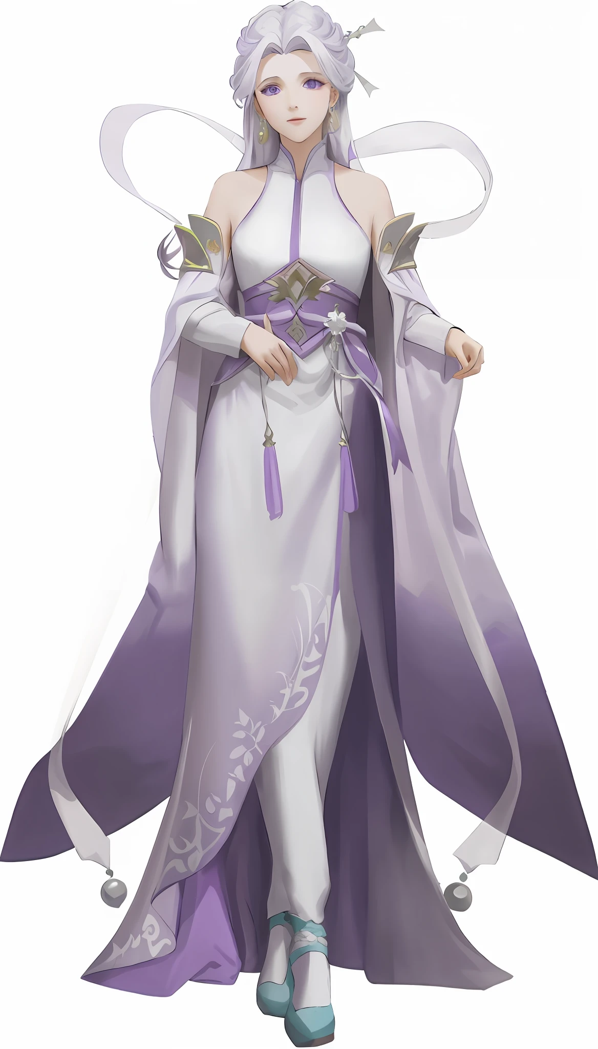 A woman wearing a white dress and purple cloak, high precision, fairy-like, white-purple cloak all over, white hair in a noble robe, turquoise pupils