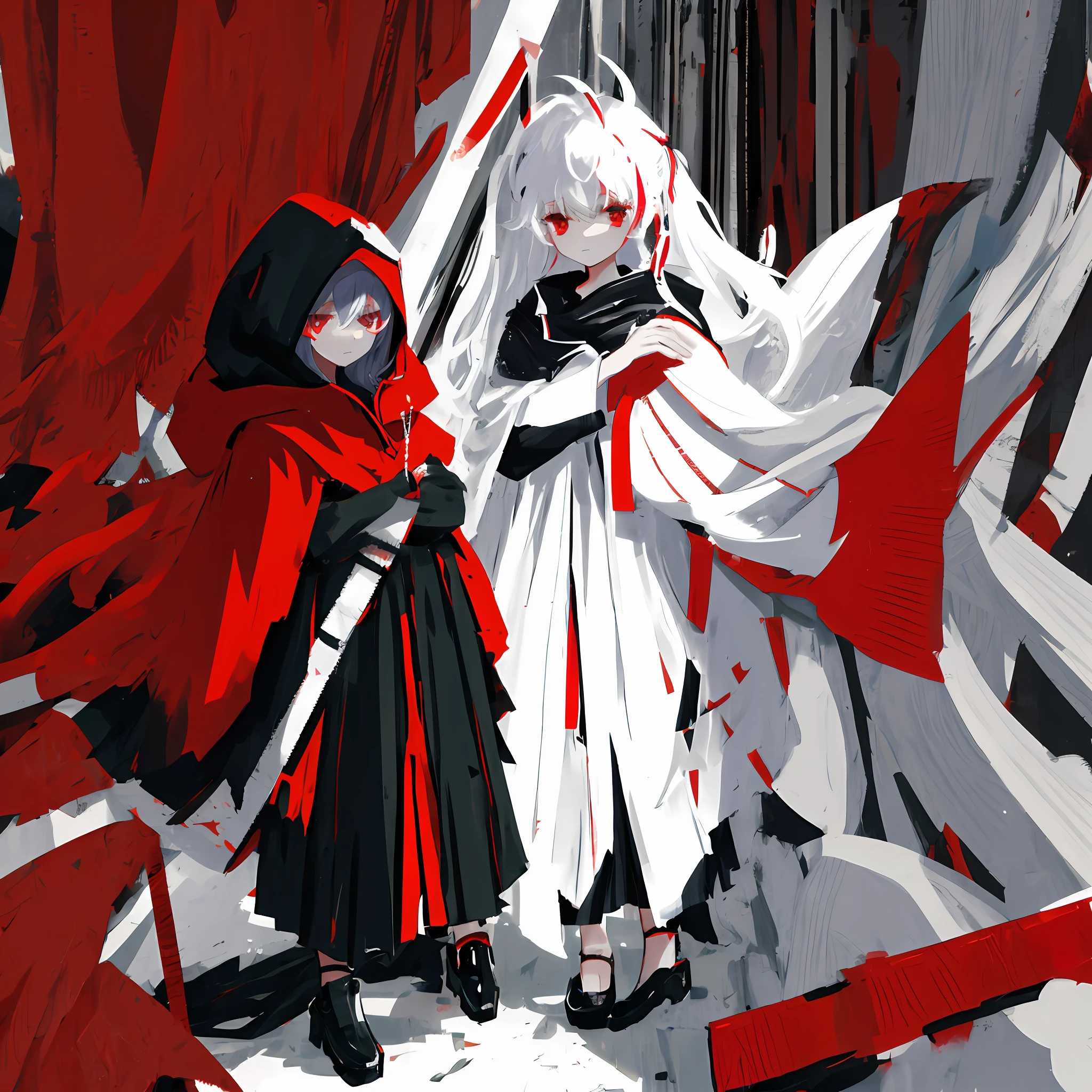 Girl, with a black robe with red stripes, hood, white hair, red eyes, black cape, faint smile, calm eyes