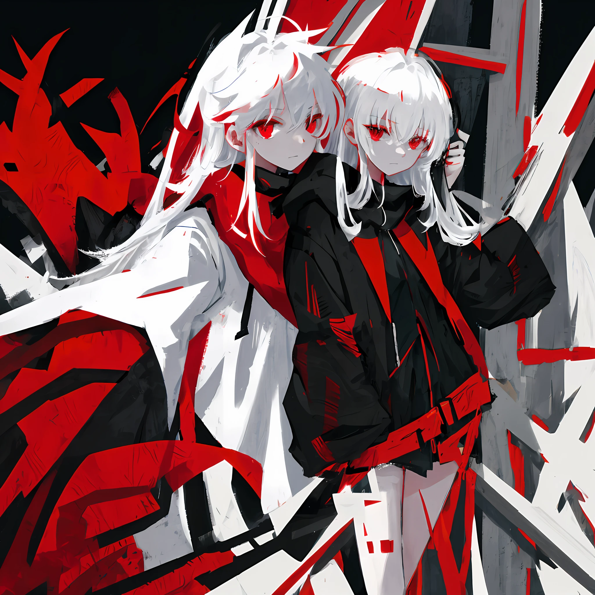 Girl, with a black robe with red stripes, hood, white hair, red eyes, black cape, faint smile, calm eyes