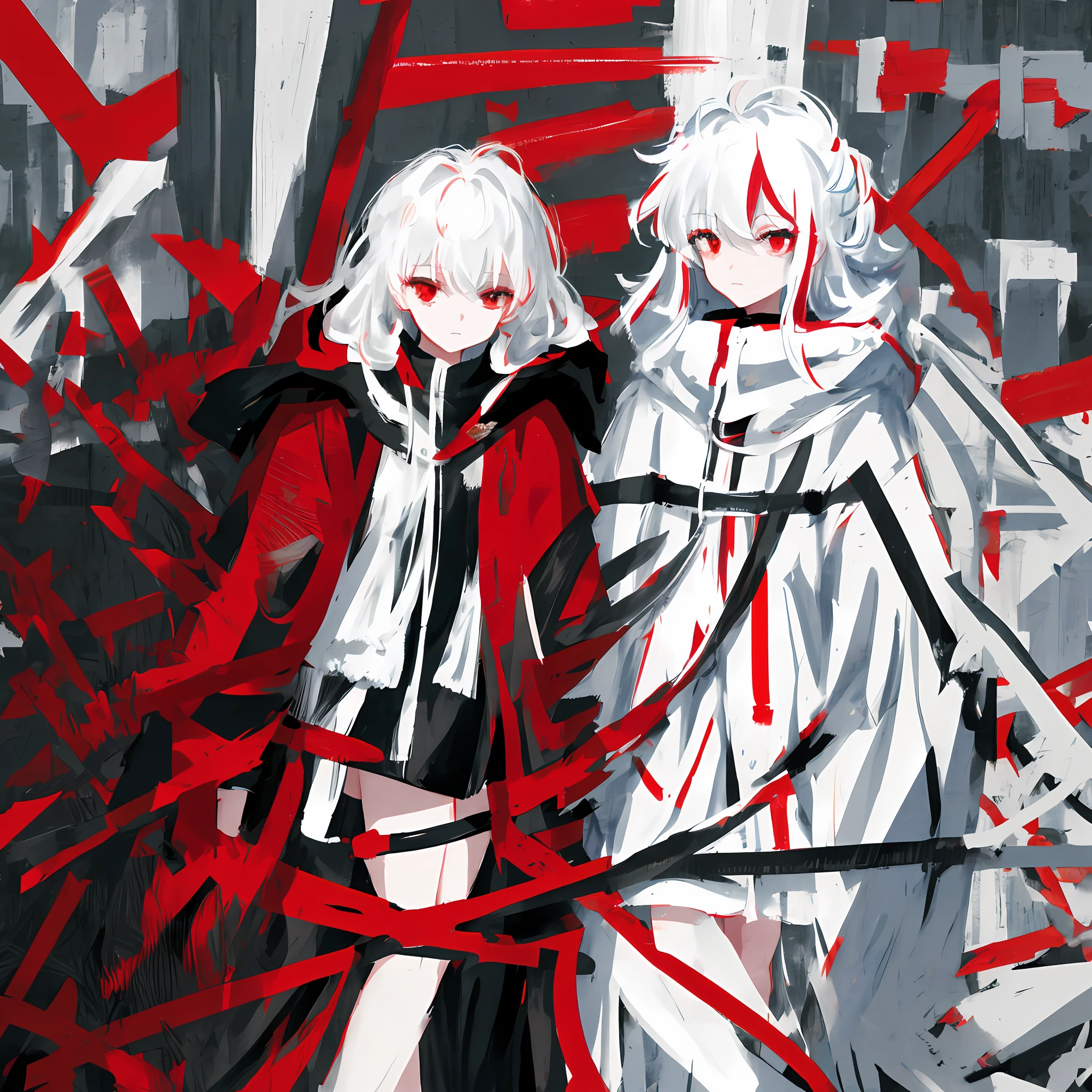 Girl, with a black robe with red stripes, hood, white hair, red eyes, black cape, faint smile, calm eyes