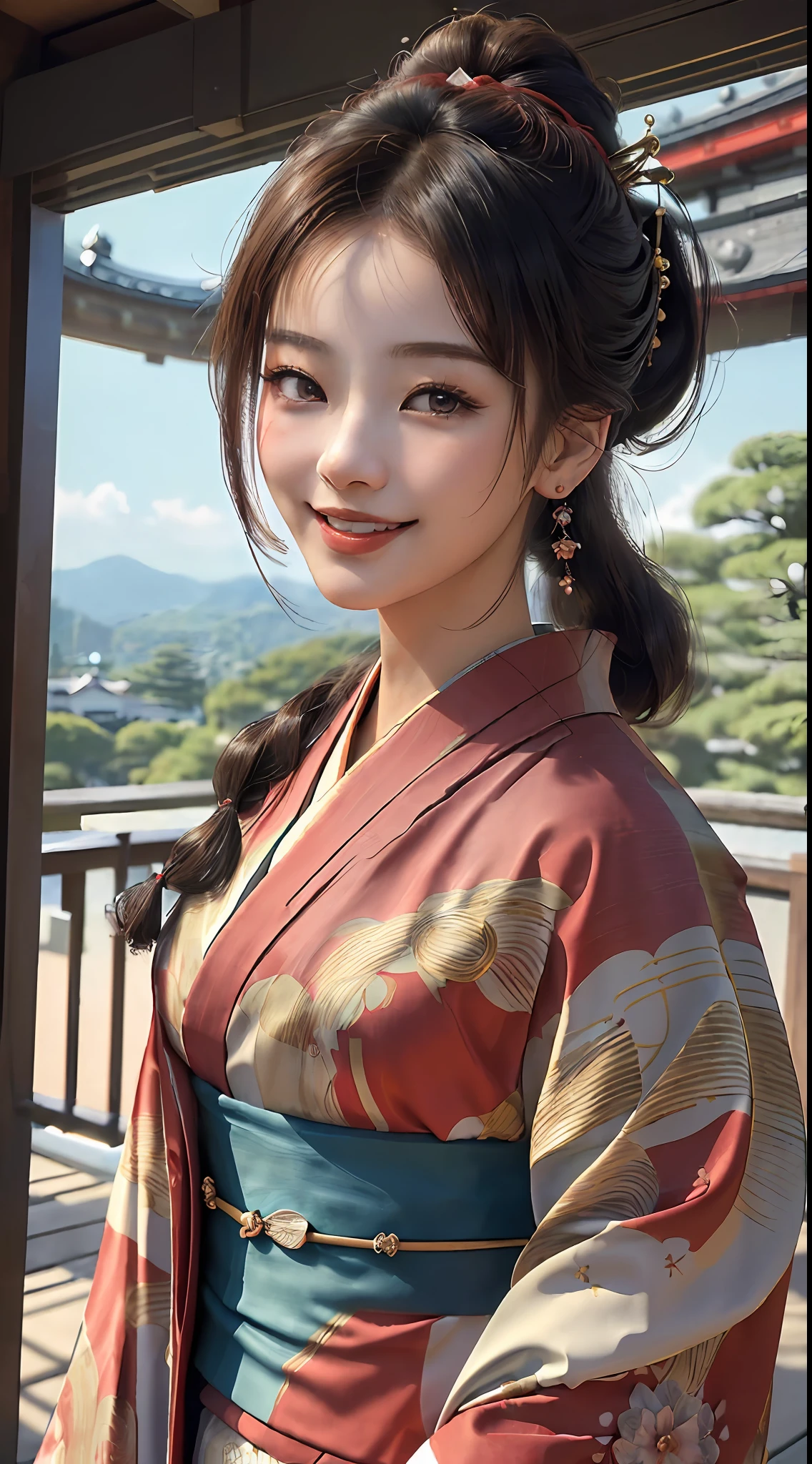 (((top quality, 8k, masterpiece))), crisp focus, (beautiful pretty woman with perfect figure), slender, (((hairstyle: up)), ((kimono: kara, red)), Kinkakuji: 1.2 Highly detailed face and skin texture Detailed eyes Double eyelids random posture, (smile), Japan person, full body