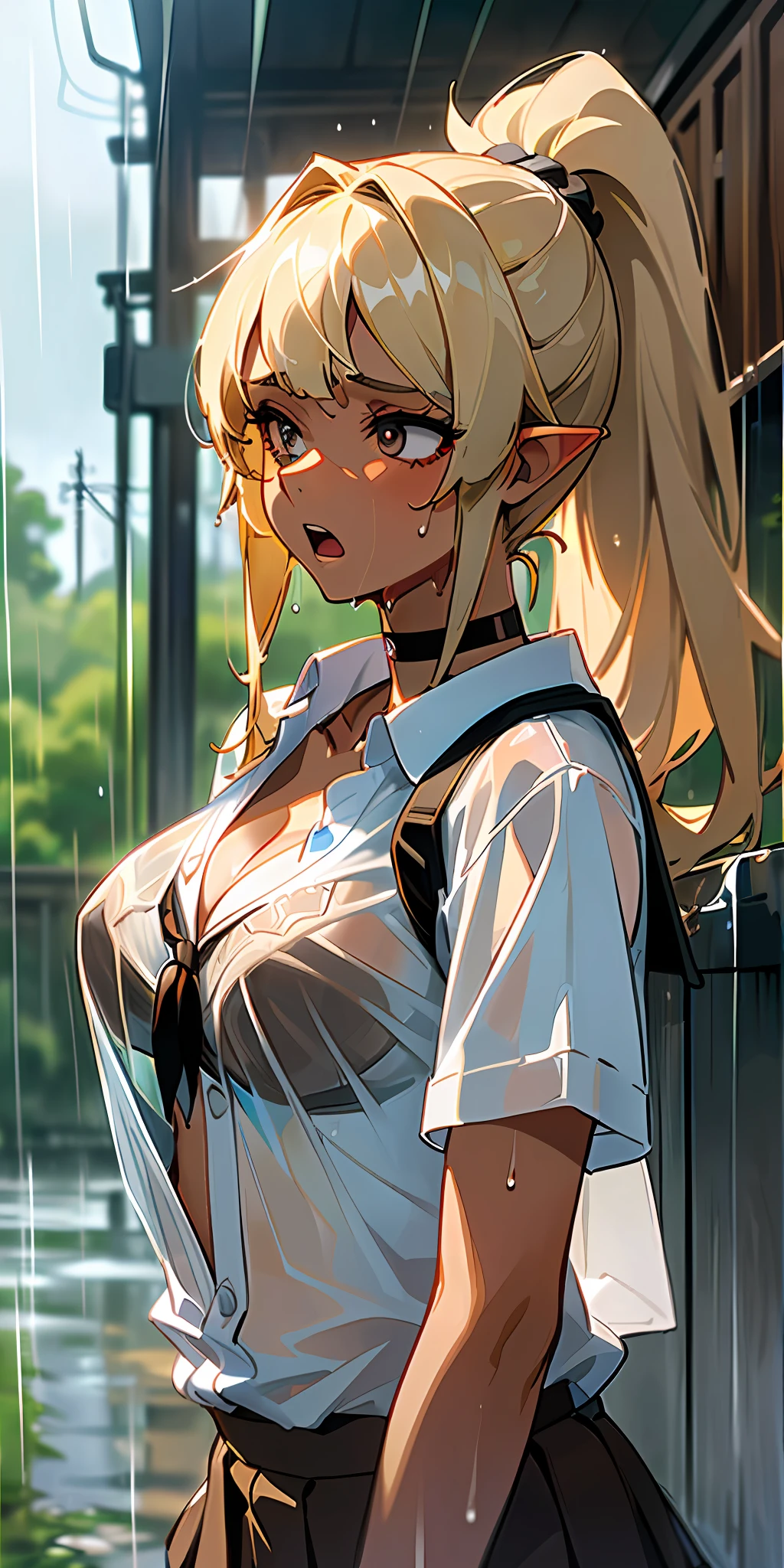 ((masterpiece, top quality), super delicate, detailed eyes, blonde, (((brown skin)), big breasts, thin waist, long bangs, ponytail, long-haired, women, dark elf, choker), under the eaves of the Japan, bus stop, countryside, rain, dark clouds, looking up at the sky, melancholy, troubled face, open mouth, (((very wet shirt)), uniform, summer, (looking afar), miniskirt, sweat, cleavage, School bag, sheer bra, dim lighting