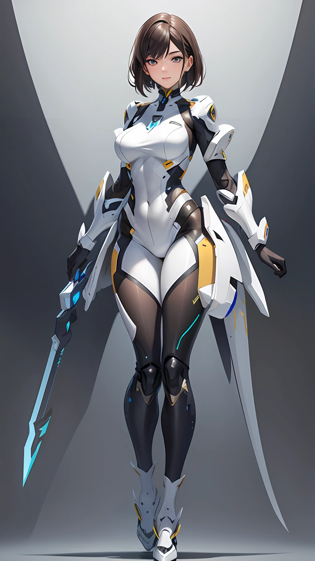 a woman in a futuristic suit with a sword,full-size photograph,Long legs, Slightly chubby,navel,Transparent skin,Perfect body shape,art feminine, Macro distance,mechanized valkyrie girl, ferra white mecha, girl in mecha cyber armor, female mecha, extremely detailed artgerm, echo from overwatch, Clear facial features,gorgeous female paladin,Advanced Rendering,depth of field