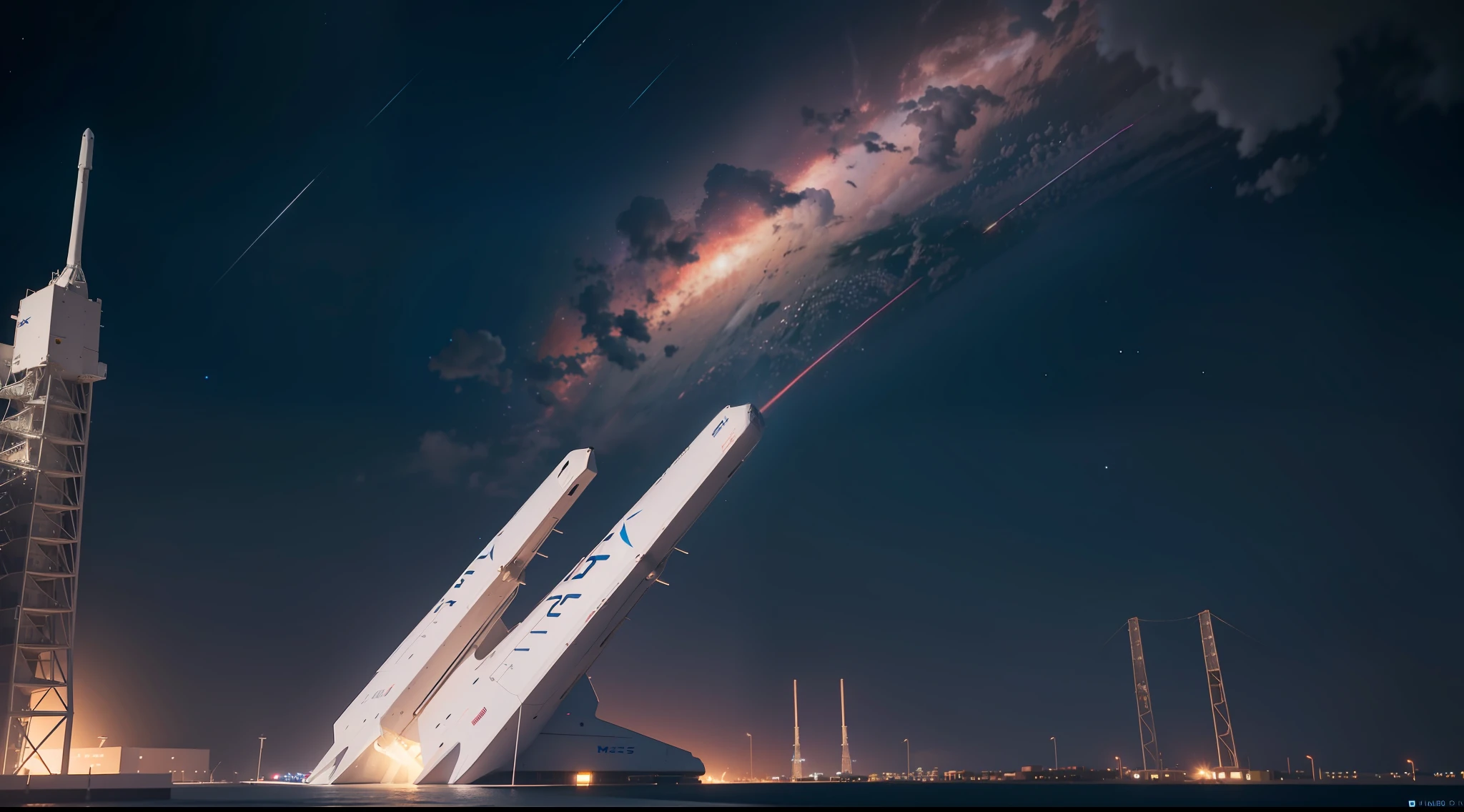 50mm photograph of SpaceX spacecraft, designed by Spacex, launch pad, Realistic Nightscape, Neon, Cyberpunk, UHD, 8K, Unreal Render 5