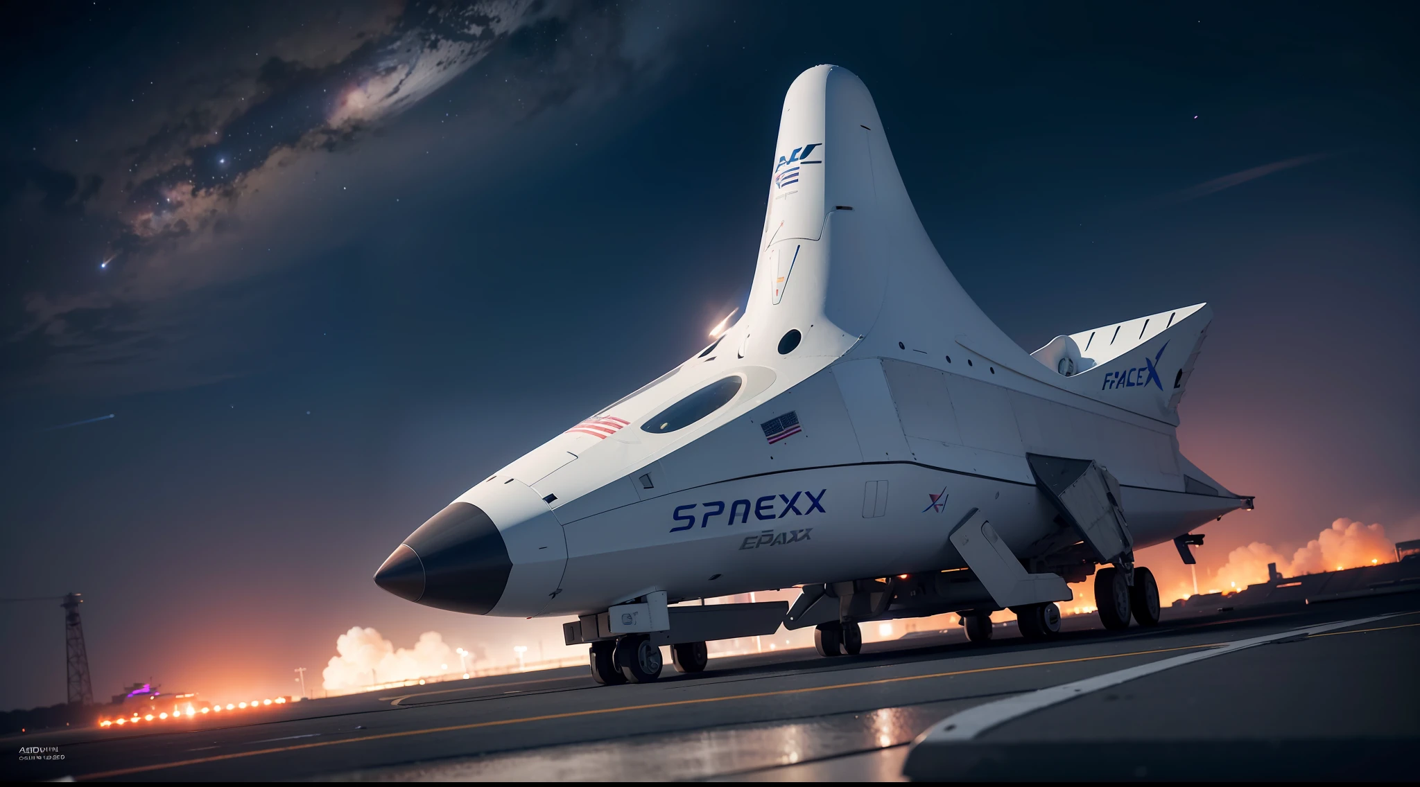 50mm photograph of SpaceX spacecraft, designed by Spacex, launch pad, Realistic Nightscape, Neon, Cyberpunk, UHD, 8K, Unreal Render 5