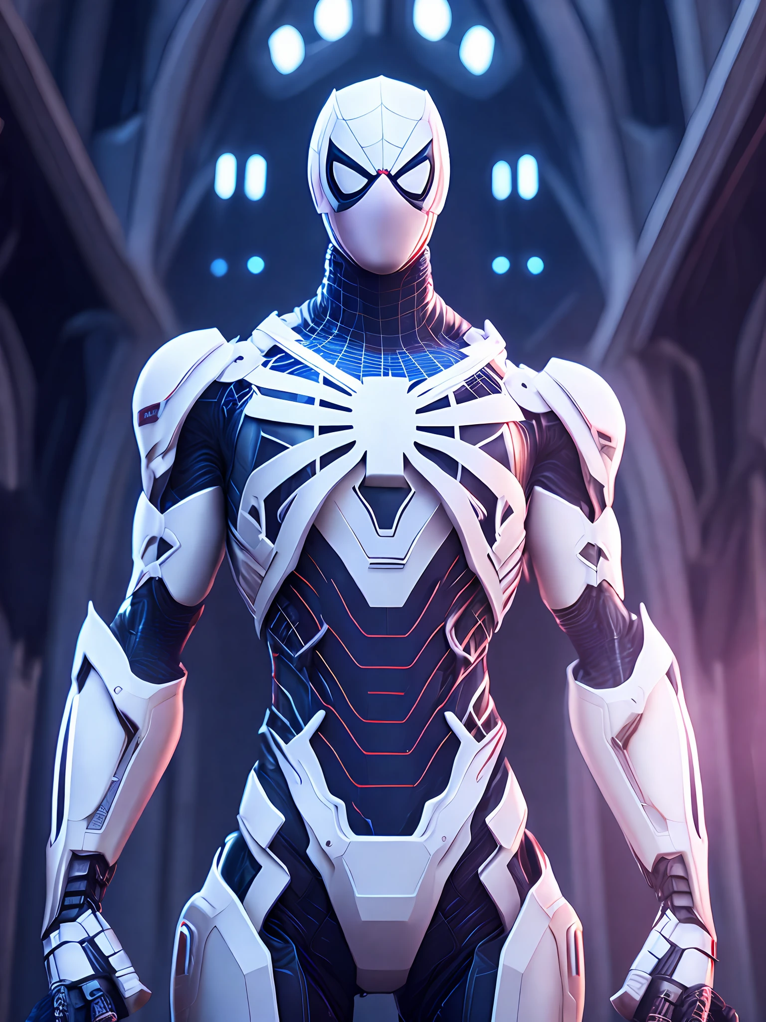 Portrait, White Spider-Man from Marvel, biomechanical, complex robot, full growth, hyper-realistic, insane small details, extremely clean lines, cyberpunk aesthetic, masterpiece featured on Zbrush Central, gothic brutalist cathedral, cyberpunk, award-winning photo, bokeh, neon lights, cybernetic limb