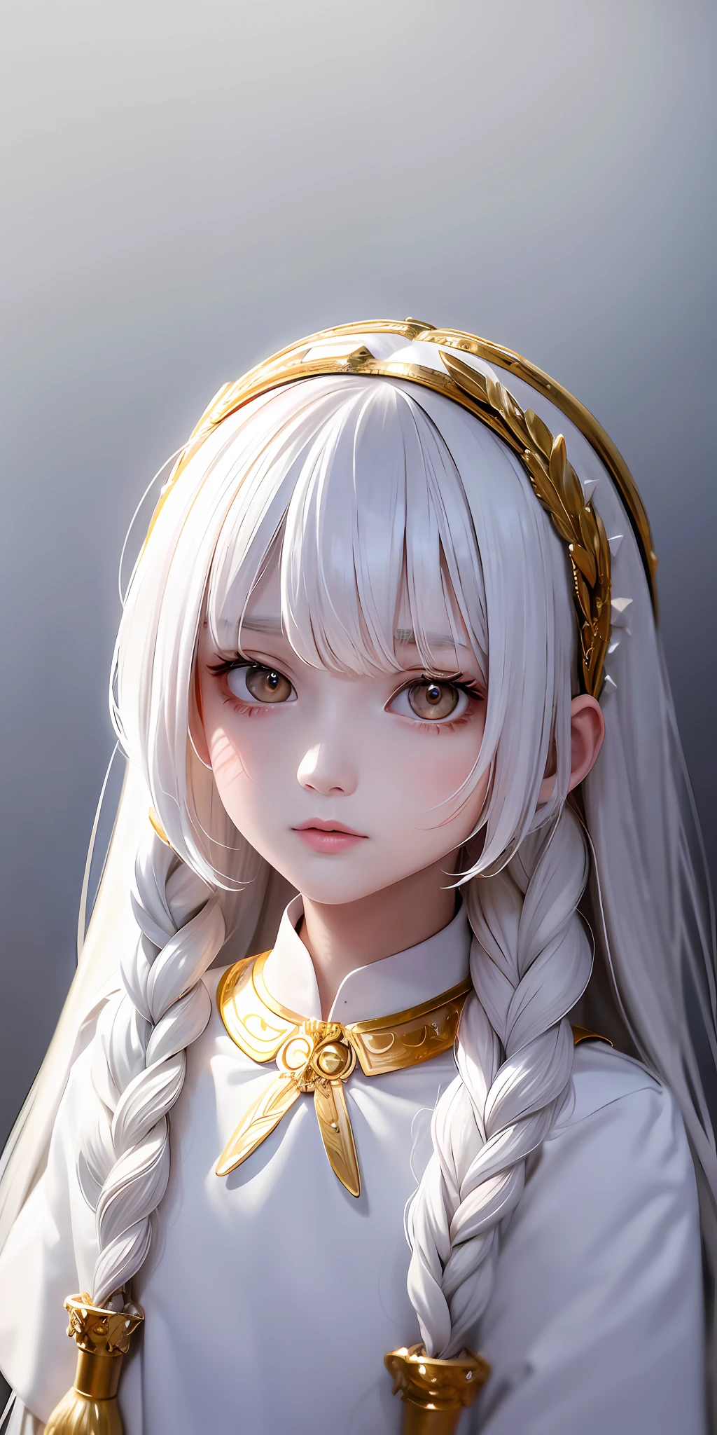 best quality, masterpiece,white hair, gold eyes,white clothes, looking up, upper body,hair strand,Fair skin,side braids
