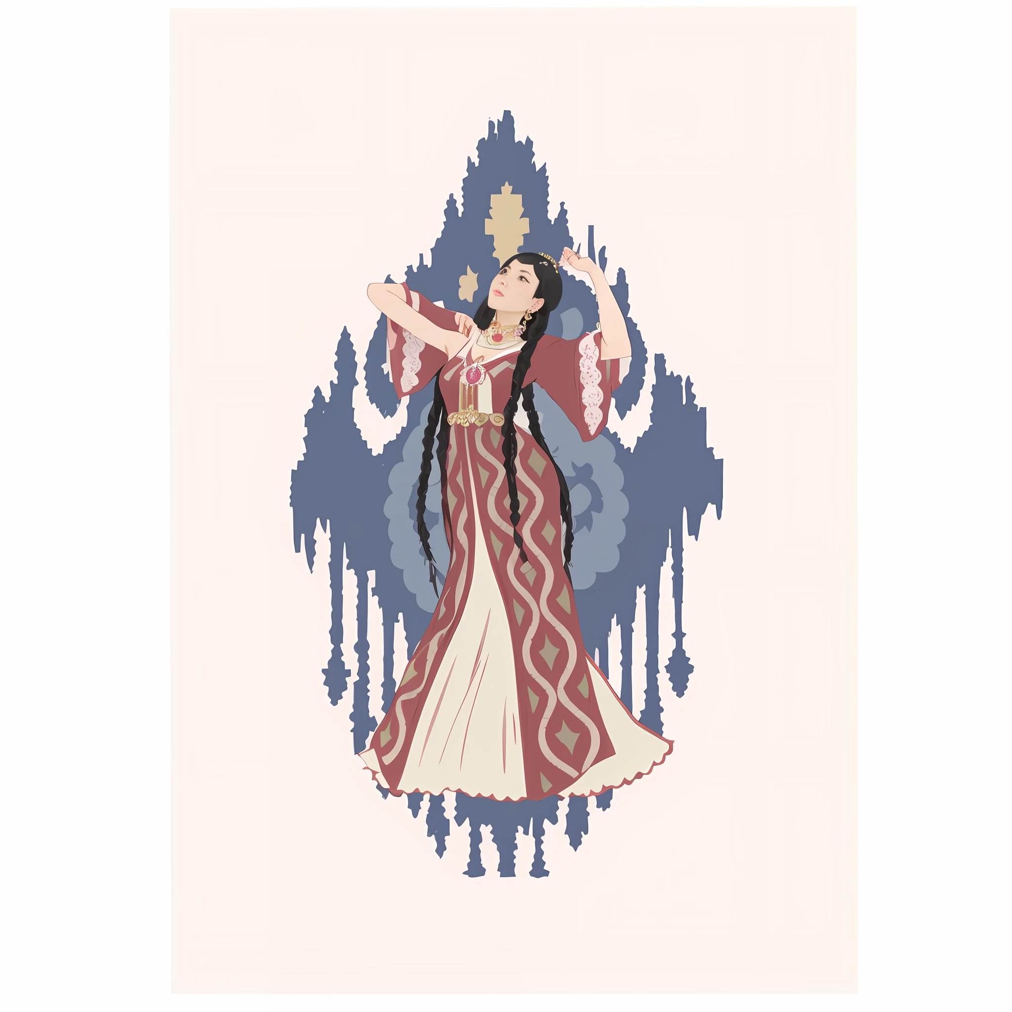 Image of woman in crown dress, inspired by Kenilson, inspired by Tanahara Soda, Oriental Art Nouveau, inspired by Edmund Durak, Chinese Empress, Empress Hanging, Anime Art Nouveau, Persian Folk Art Style, Erther, Art Nouveau, Art Nouveau Lilith, Kazakh Empress, Face HD, Maiden Dancing