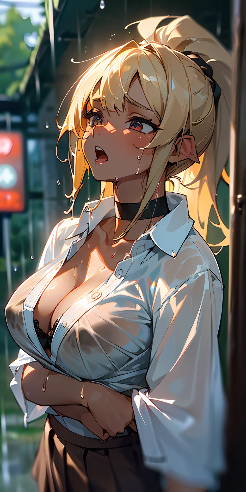 ((masterpiece, top quality), super delicate, detailed eyes, blonde, (((brown skin)), big breasts, thin waist, long bangs, ponytail, long-haired, women, dark elf, choker), under the eaves of the Japan, bus stop, countryside, rain, (dark clouds), looking up at the sky, melancholy, troubled face, open mouth, (((very wet shirt)), uniform, summer, (looking afar), wet miniskirt, sweat, cleavage, one school bag, sheer bra, (dim lighting), (chest closer), cold lighting