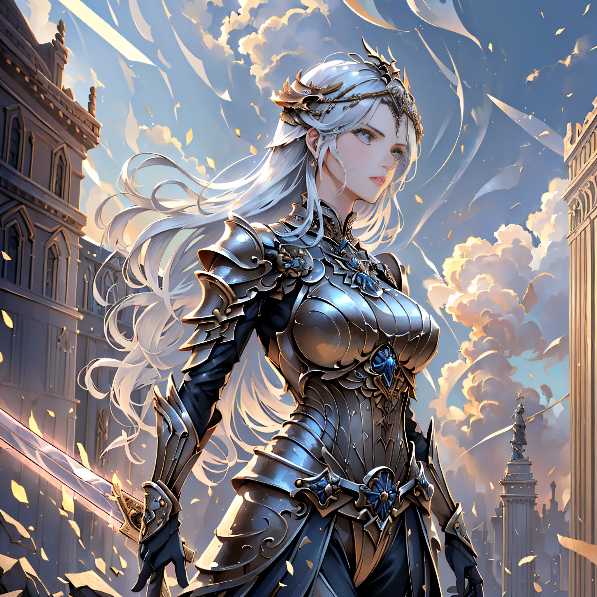 ((Two women, standing on ruined buildings, close-up, realistic)) realistic visuals, artistic refinement, captivating beauty, dramatic contrasts, 8k wallpapers, absurdity, incredible absurdity, golden armor, gadaxintai gaodanvshen, (holding silver sword)), hair floating in the air, ((in battle)), ((best quality: 1.5))