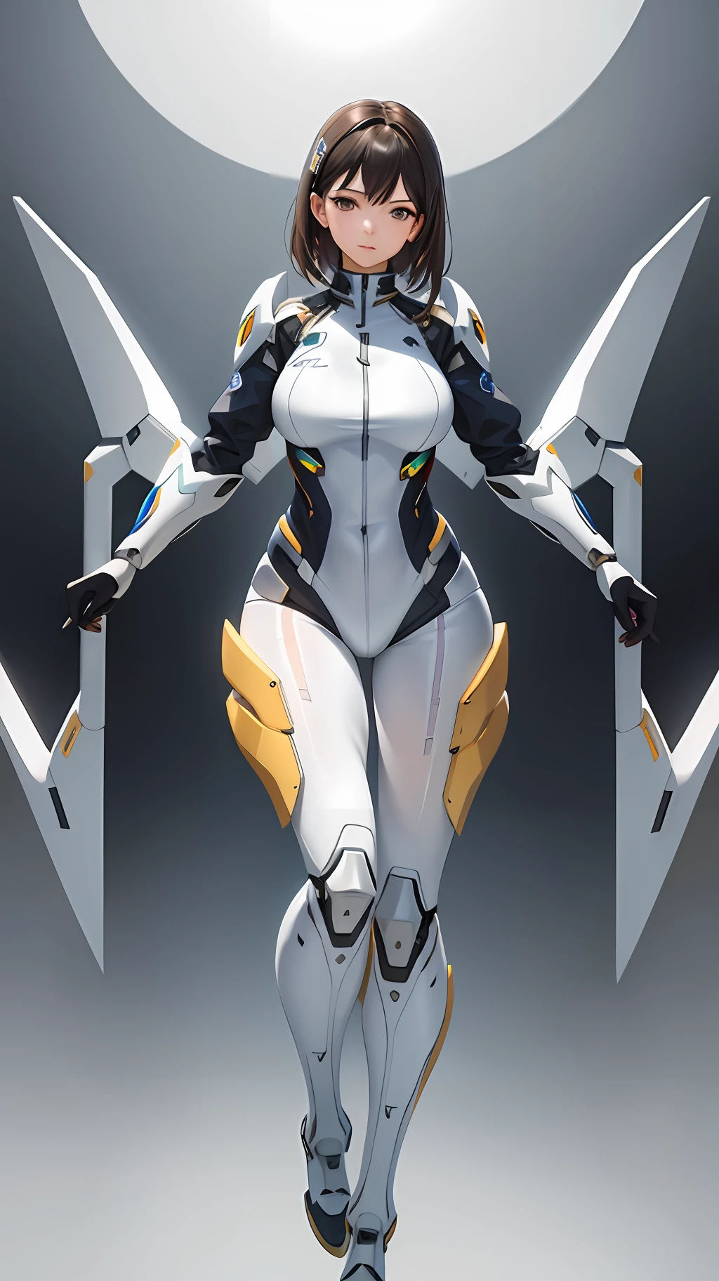 a woman in a futuristic suit with a sword,full-size photograph,Long legs, Slightly chubby,navel,Transparent skin,Perfect body shape,art feminine, Macro distance,mechanized valkyrie girl, ferra white mecha, girl in mecha cyber armor, female mecha, extremely detailed artgerm, echo from overwatch, Clear facial features,gorgeous female paladin,Advanced Rendering,depth of field
