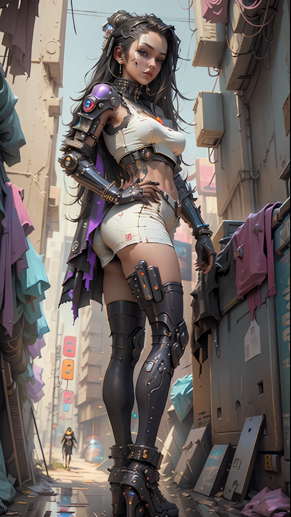 ((Best quality)), ((masterpiece)), (highly detailed:1.3), 3D, goddess woman (cyberpunk:1.3), woman dressed as maid sexy clothes long black hair looking at camera