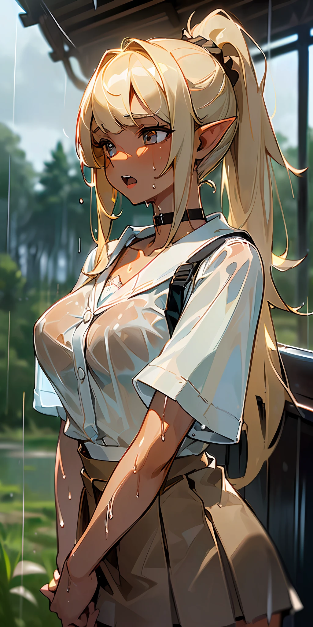 ((masterpiece, top quality), super delicate, detailed eyes, blonde, (((brown skin)), big breasts, thin waist, long bangs, ponytail, long-haired, women, dark elf, choker), under the eaves of the Japan, bus stop, countryside, rain, (dark clouds), looking up at the sky, melancholy, troubled face, open mouth, (((very wet short-sleeved shirt)), uniform, summer, (looking afar), wet miniskirt, sweat, One school bag, sheer bra, (dim lighting), (chest closer), cold lighting