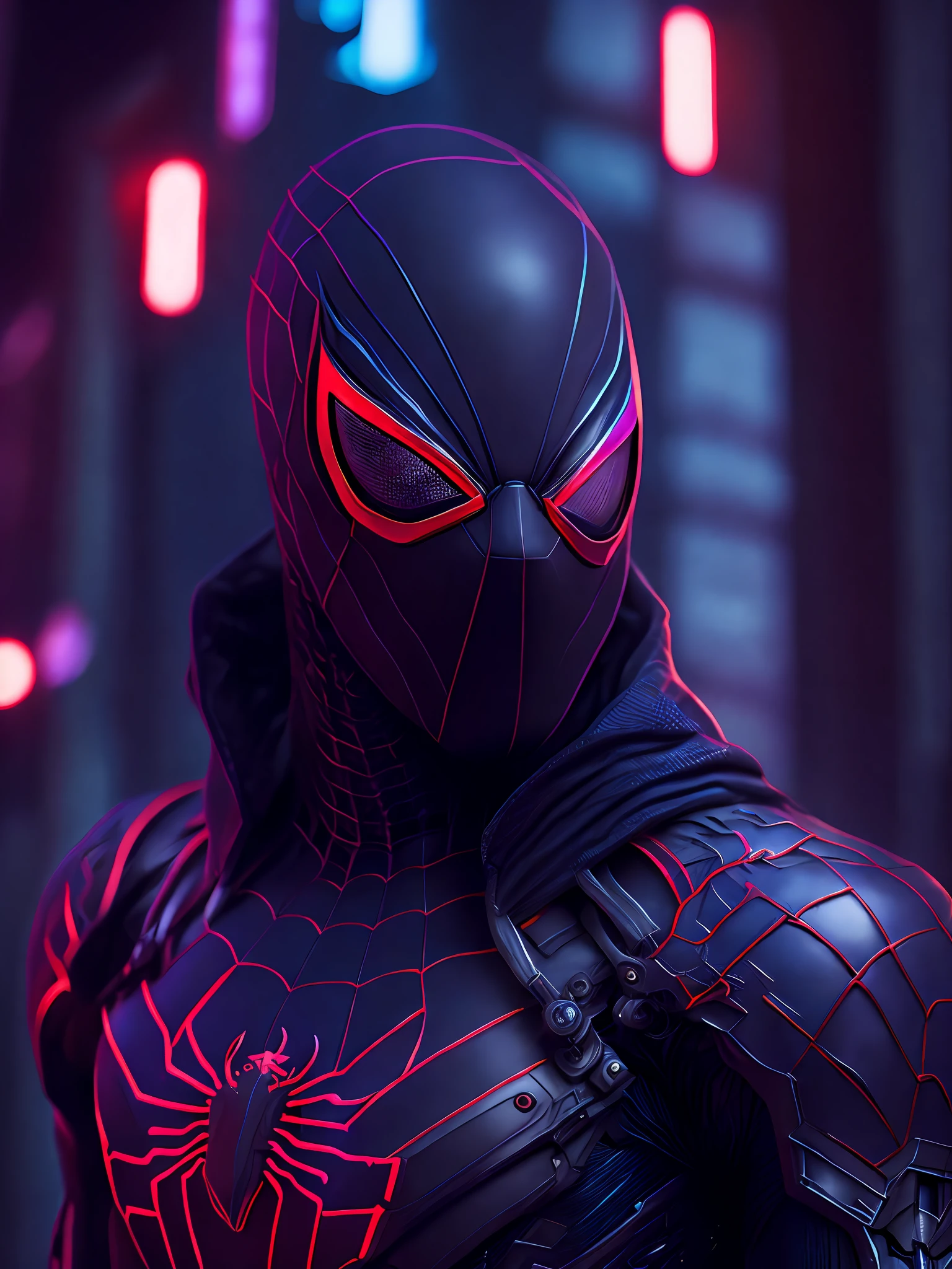 Portrait, Black Spider-Man from Marvel, biomechanical, complex robot, full growth, hyper-realistic, insane small details, extremely clean lines, cyberpunk aesthetic, masterpiece featured on Zbrush Central, gothic brutalist cathedral, cyberpunk, award-winning photo, bokeh, neon lights, cybernetic limb