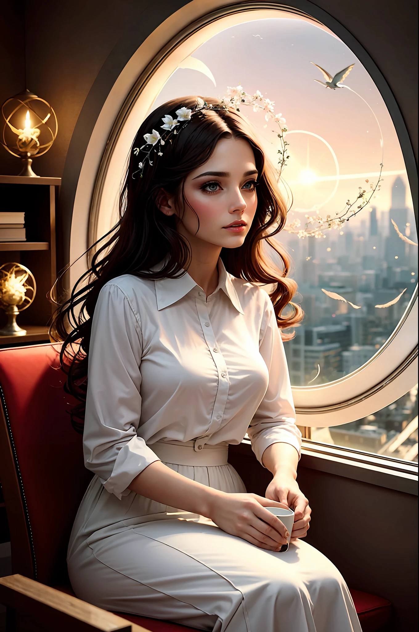 Beautiful adult woman in a white blouse, in a black skirt, sitting in a cozy cute office on the 20th floor and drinking coffee, thoughtful, sad, magic happens around, dreams come to life, magic in the air, music come to life, visualization of music, explosion of magic of music and emotions, fairy-tale creatures, fairies, dragons, unicorns, whirlwinds of magic around a woman