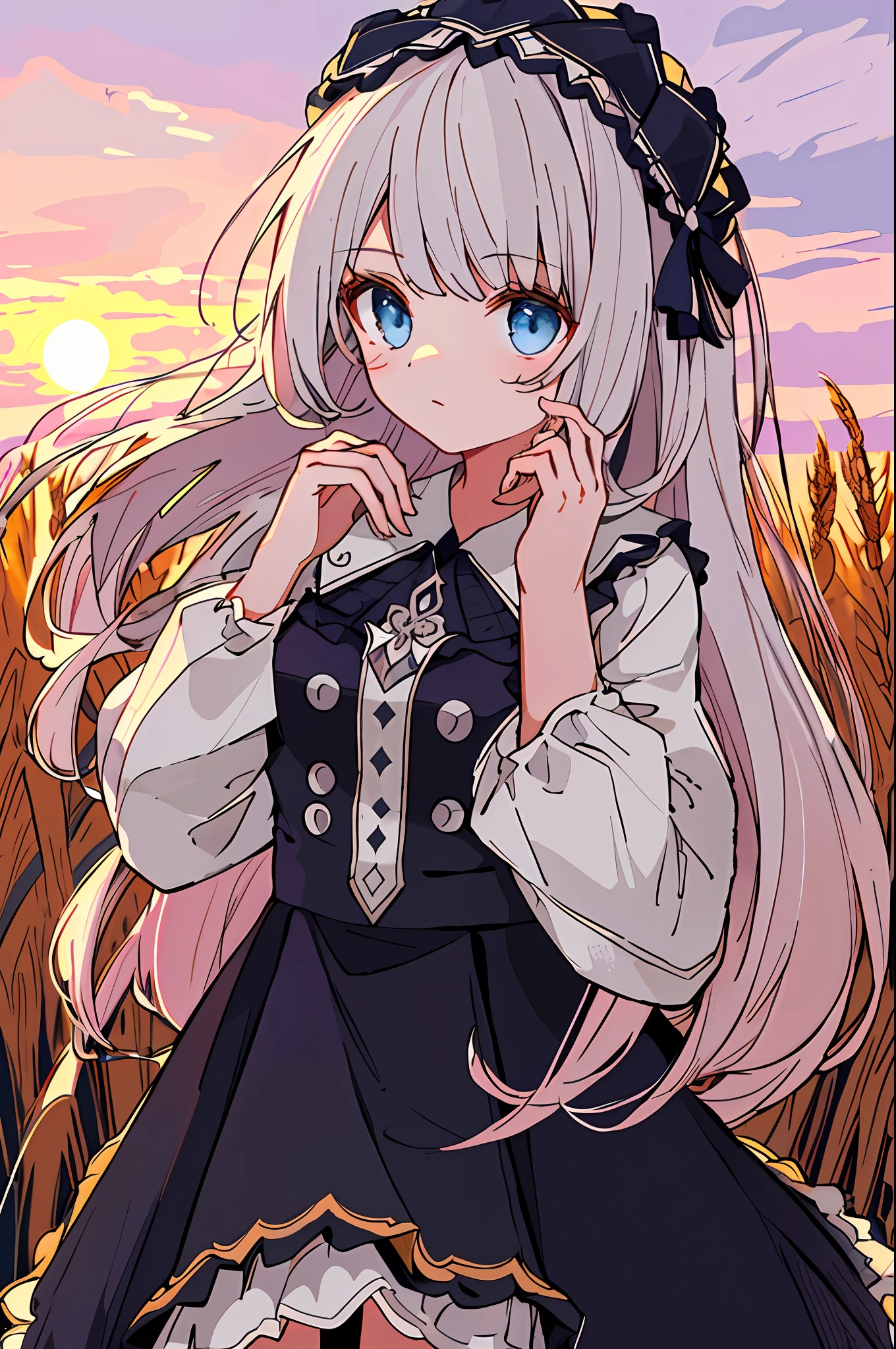 best quality, (ultra detailed:1.4), (professional photograph:1.4), extremely detailed girl, {1girl}, {solo}, {{{beautiful detailed hands}}}, illustration, {{cinematic light}}, ultra detailed, white hair, long hair, pink gradient, slightly curly hair, pinkish blue eyes, black seifuku dress, medium breasts, straight bangs swept to left, hair band, game ccg, looking to the side, wheat field, mist, violet sky, sunset