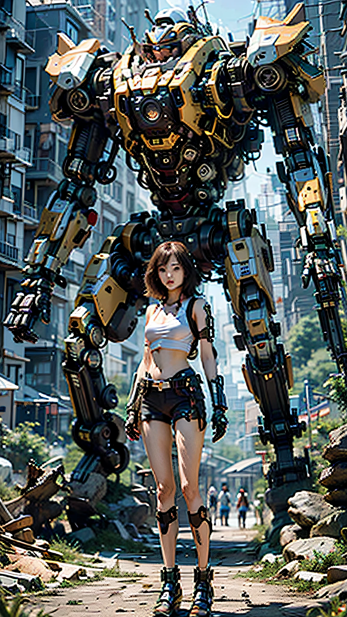 ((masterpiece, best quality)),illustration,ultra detailed 8k,photorealistic,sharp focus,highly detailed,professional lighting,colorful details,iridescent colors BREAK extreme long shot of a factory,large mechanical robot construction,microchip,computer,glowing,intricate details,shitu-mecha,1girl is standing in front of the audience,Navel