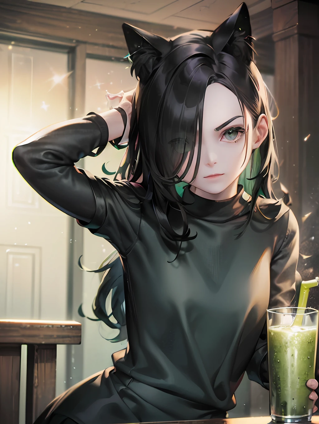 ((Green juice cup, fizzy, sparkling, foamy, holding bones, best quality)),(complex lighting),solo,1girl,upper body, eveline, black dress, black hair, boots, sleeves rolled up, hair over one eye,long hair, pale skin, sitting, on chair, grey eyes