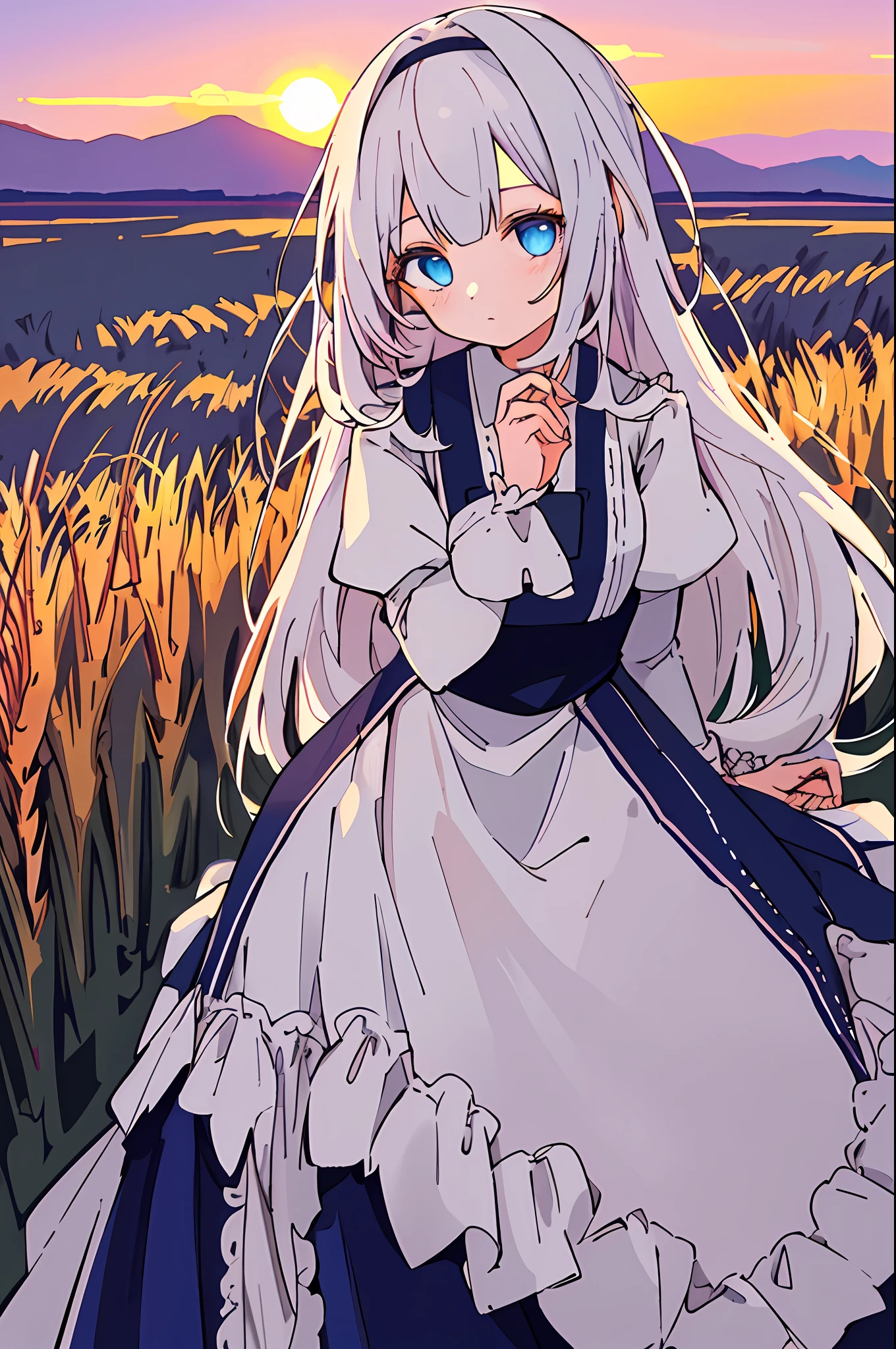 best quality, (ultra detailed:1.4), (professional photograph:1.4), extremely detailed girl, {1girl}, {solo}, {{{beautiful detailed hands}}}, illustration, {{cinematic light}}, ultra detailed, white hair, long hair, pink gradient, slightly curly hair, pinkish blue eyes, black seifuku dress, , straight bangs swept to left, hair band, game ccg, looking to the side, wheat field, mist, violet sky, sunset