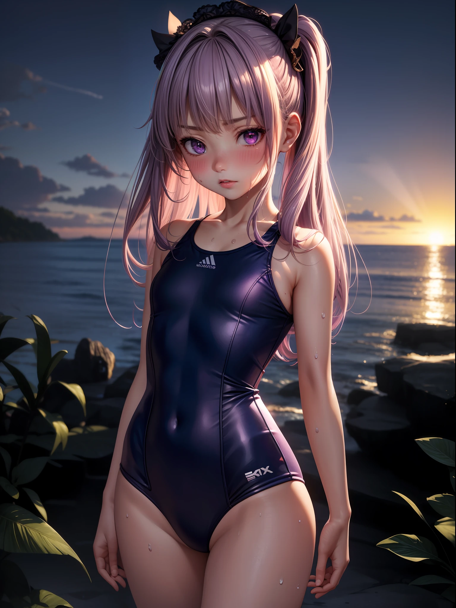 Masterpiece, top quality, ultra high definition CG: 8K wallpaper, realistic, summer, hot, beautiful girl, beautiful proportions, lolita, slender, short stature, sweat, embarrassed, purple eyes, lilac hair, short hair, white school swimsuit, sweat, little girl, hands hide, clouds, twilight. ）